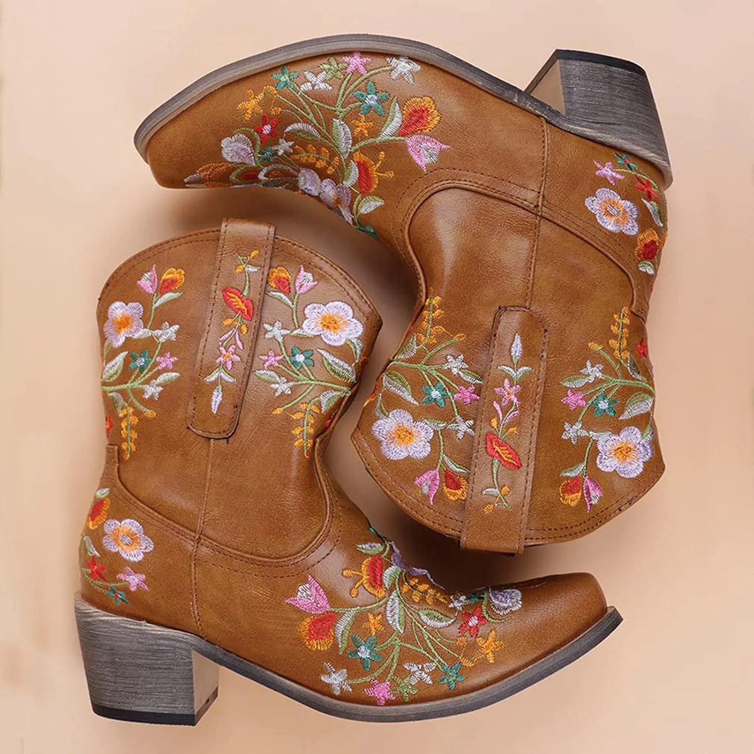 Wide Calf Cowboy Boots Cowgirl Booties for Women Embroidered Chunky Heel Pointed Toe Western Boots Pull On Boots