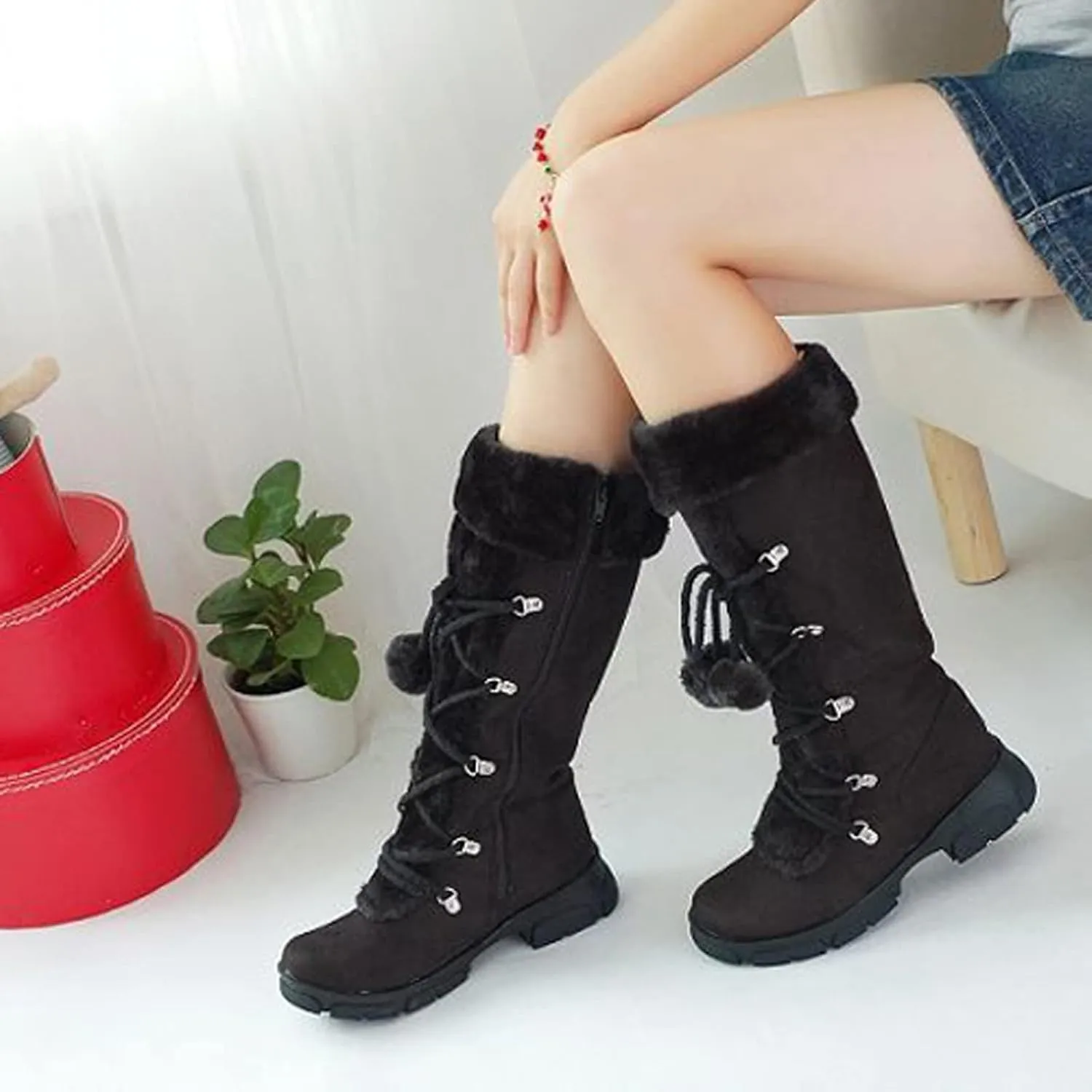 Winter Boots for Women Knee High Snow Boots Warm Fur Lined Furry Faux Fur Boots Fuzzy Fluffy Cold Weather Boots