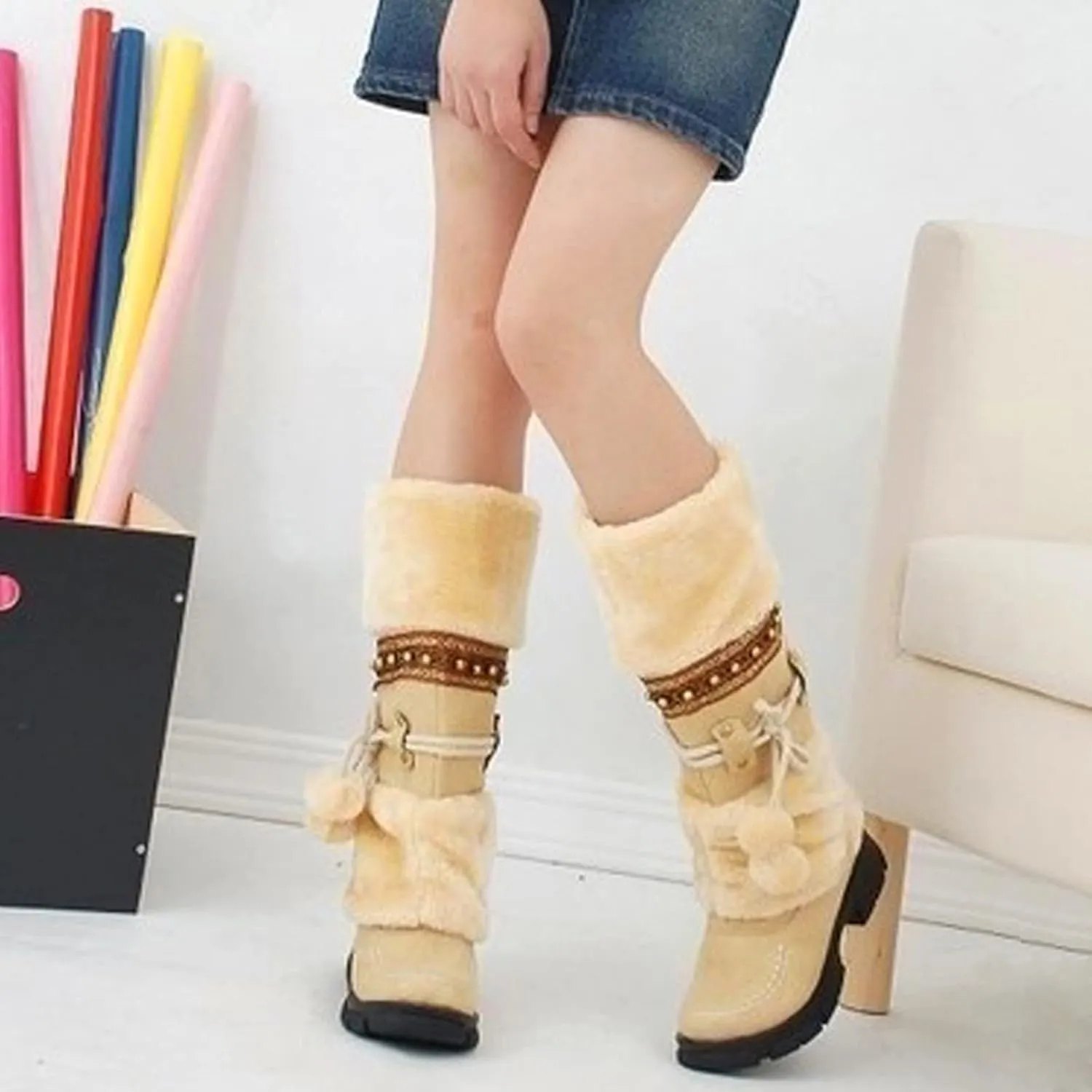 Winter Boots for Women Knee High Snow Boots Warm Fur Lined Furry Faux Fur Boots Fuzzy Fluffy Cold Weather Boots