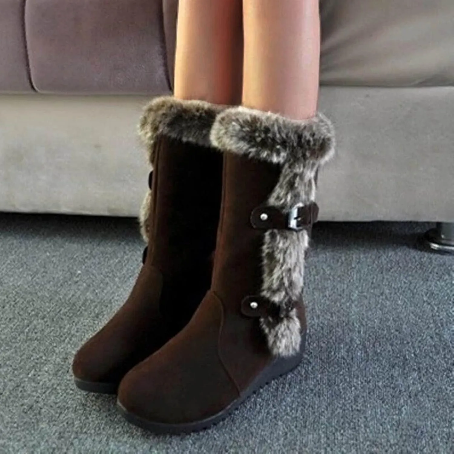 Winter Boots For Women Plus Fleece Furry Snow Boots Cotton Wedge Mid-Calf Winter Ankle Short Bootie Warm Shoes