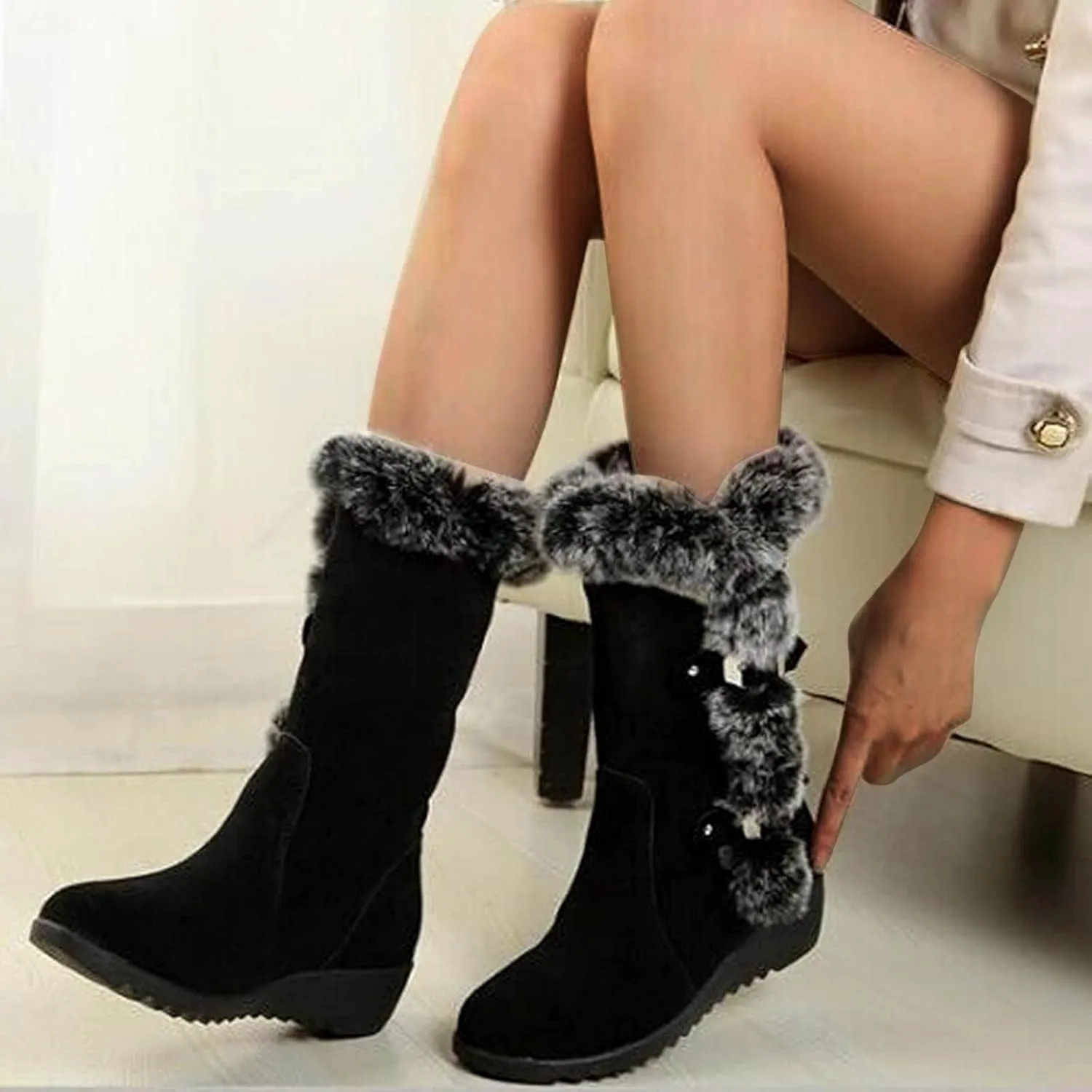 Winter Boots For Women Plus Fleece Furry Snow Boots Cotton Wedge Mid-Calf Winter Ankle Short Bootie Warm Shoes