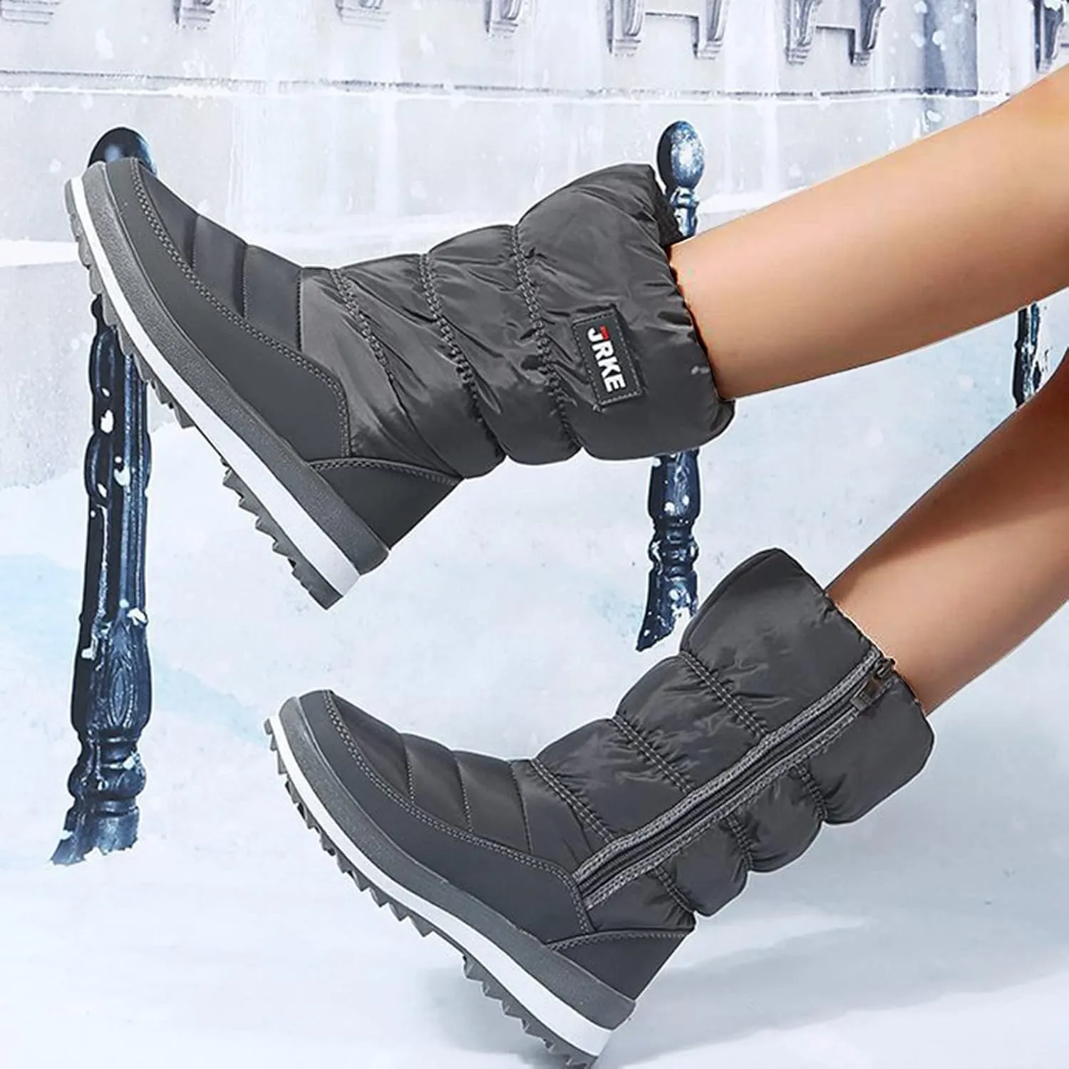 Winter Boots For Women Puffly Platform Snow Boots Plus Fleece Side Zipper Mid-Calf Cotton Non-Slip Booties