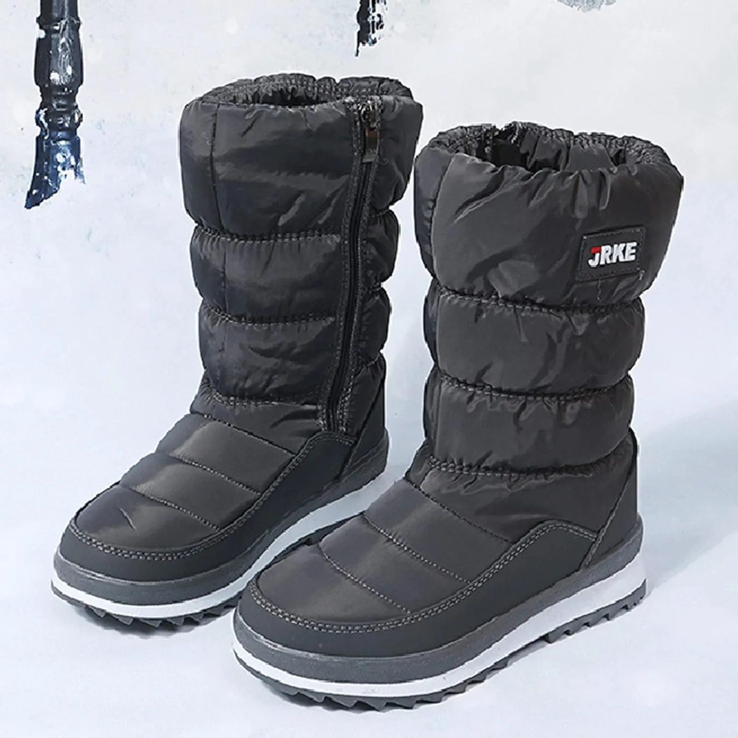 Winter Boots For Women Puffly Platform Snow Boots Plus Fleece Side Zipper Mid-Calf Cotton Non-Slip Booties