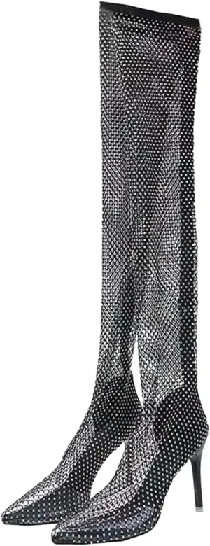 Winter Boots For Women Sexy See Through Rhinestone Over Knee Boots Fishnet Mesh High Heel Tall Long Boots