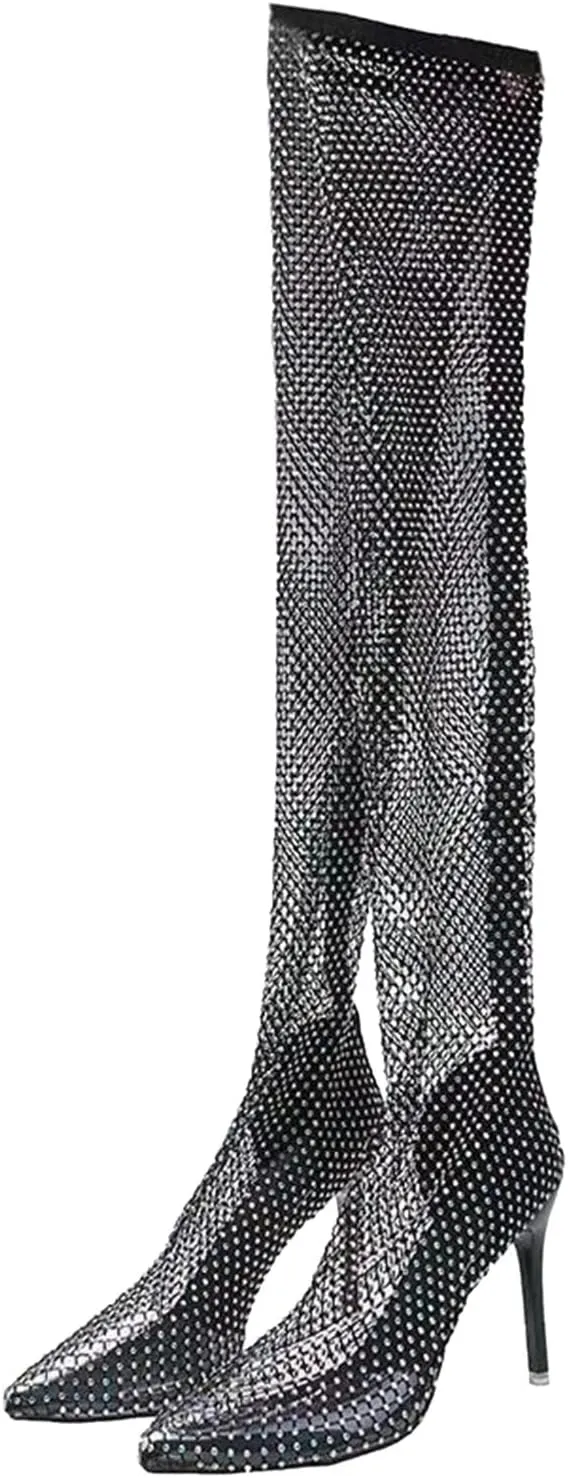 Winter Boots For Women Sexy See Through Rhinestone Over Knee Boots Fishnet Mesh High Heel Tall Long Boots