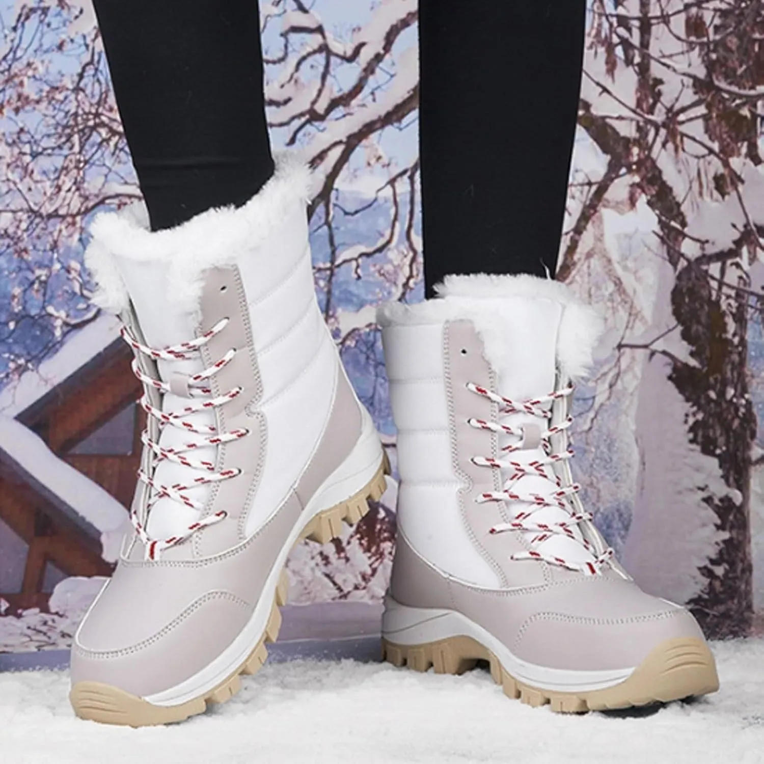 Winter Boots for Women Warm Fuzzy Fleece Walking Hiking Snow Boots Waterproof Shoes Mid Calf Lace Up