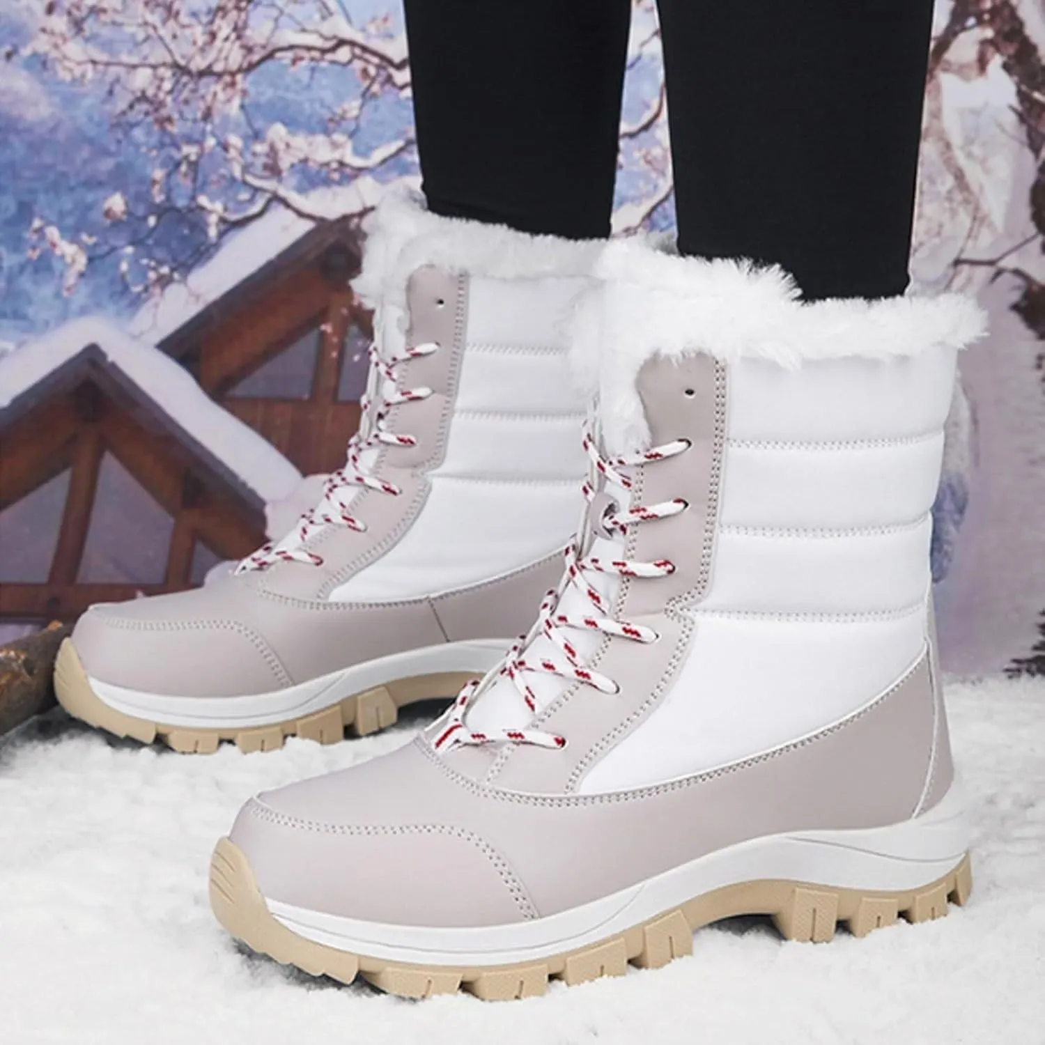 Winter Boots for Women Warm Fuzzy Fleece Walking Hiking Snow Boots Waterproof Shoes Mid Calf Lace Up