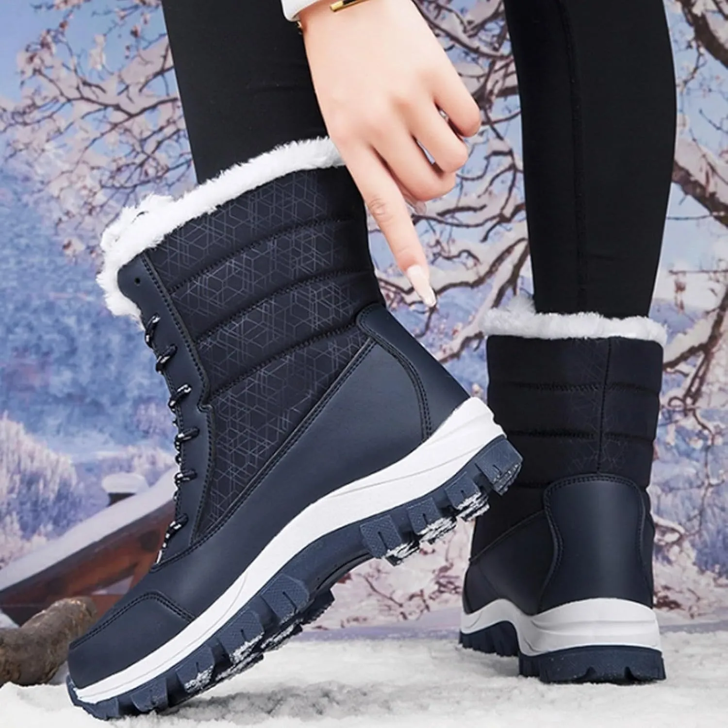 Winter Boots for Women Warm Fuzzy Fleece Walking Hiking Snow Boots Waterproof Shoes Mid Calf Lace Up
