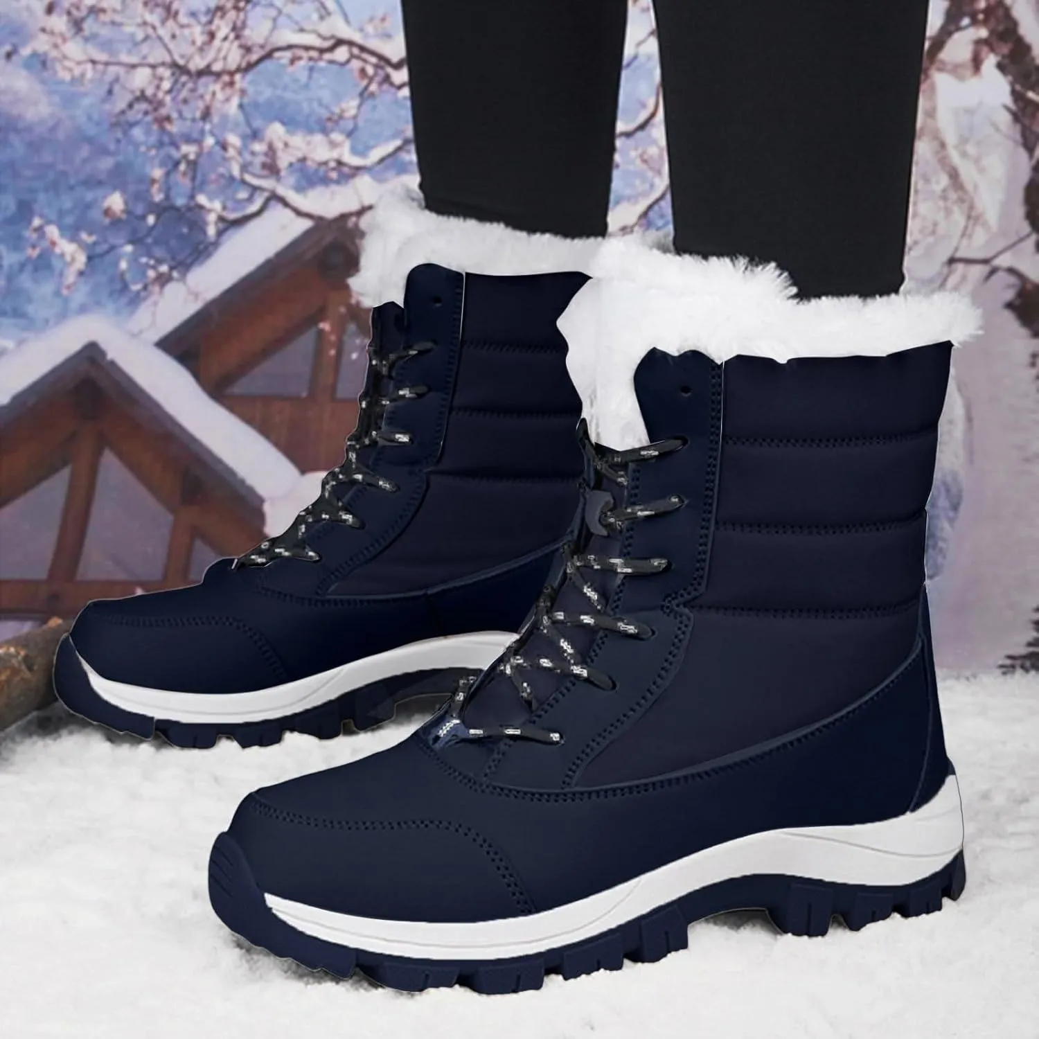 Winter Boots for Women Warm Fuzzy Fleece Walking Hiking Snow Boots Waterproof Shoes Mid Calf Lace Up