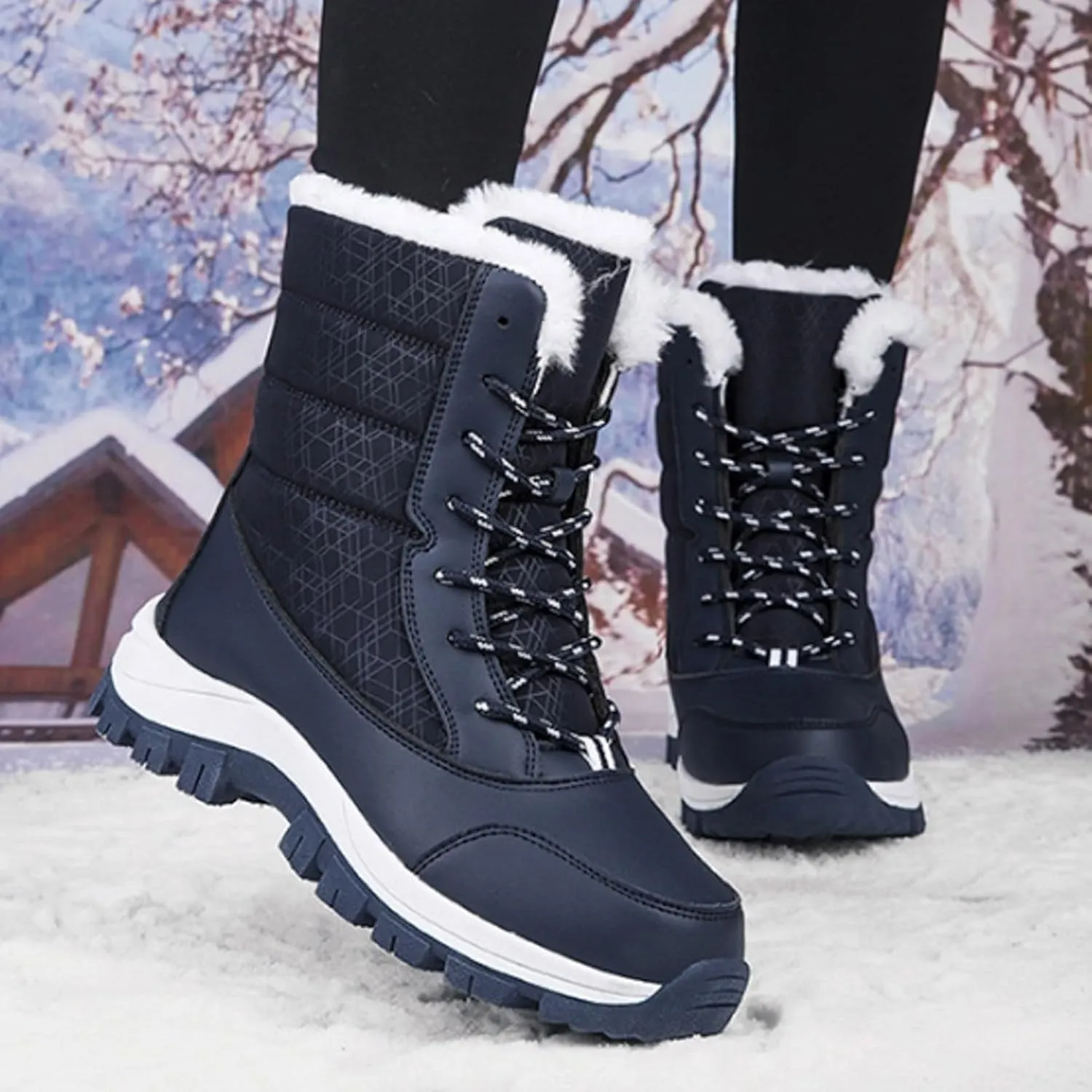Winter Boots for Women Warm Fuzzy Fleece Walking Hiking Snow Boots Waterproof Shoes Mid Calf Lace Up