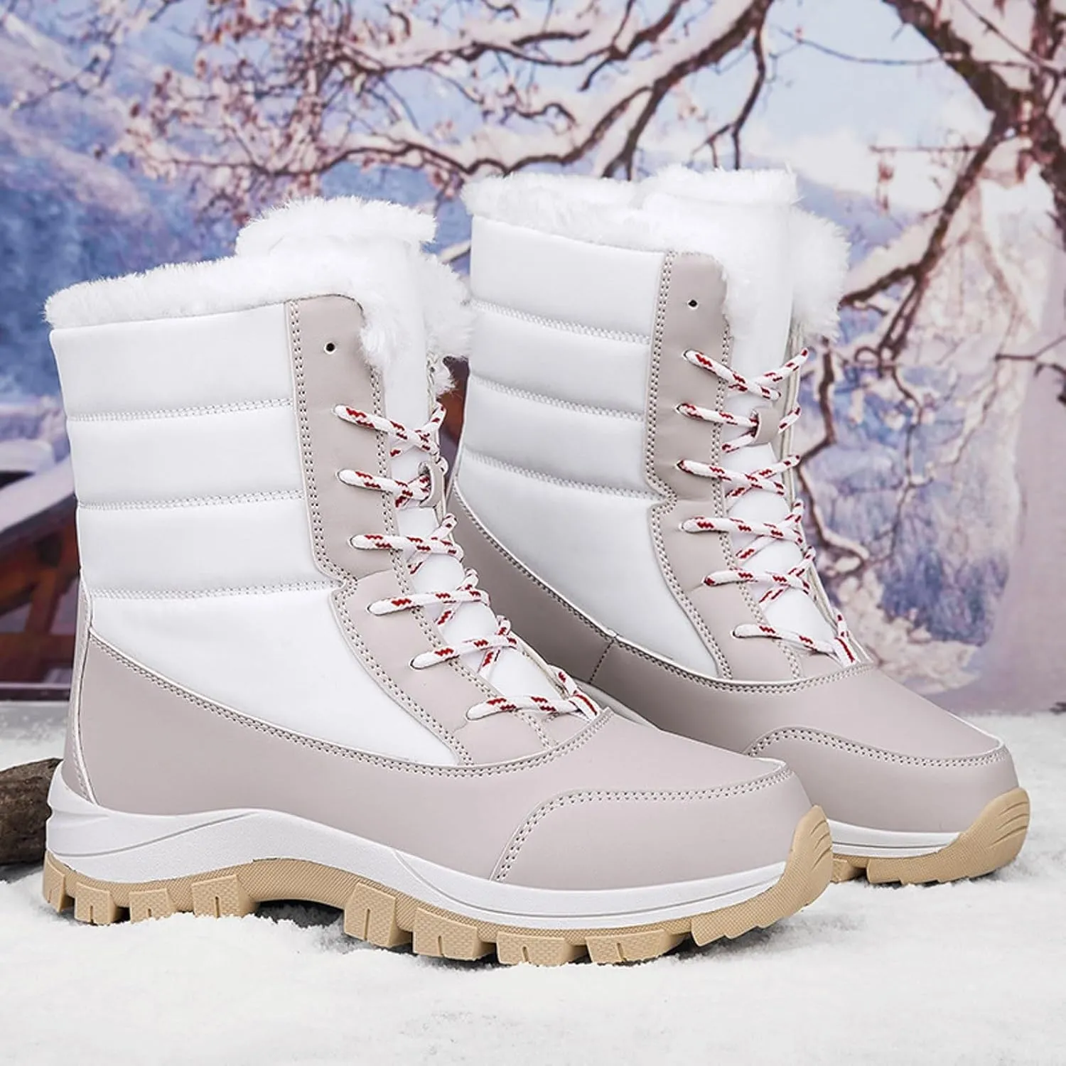 Winter Boots for Women Warm Fuzzy Fleece Walking Hiking Snow Boots Waterproof Shoes Mid Calf Lace Up
