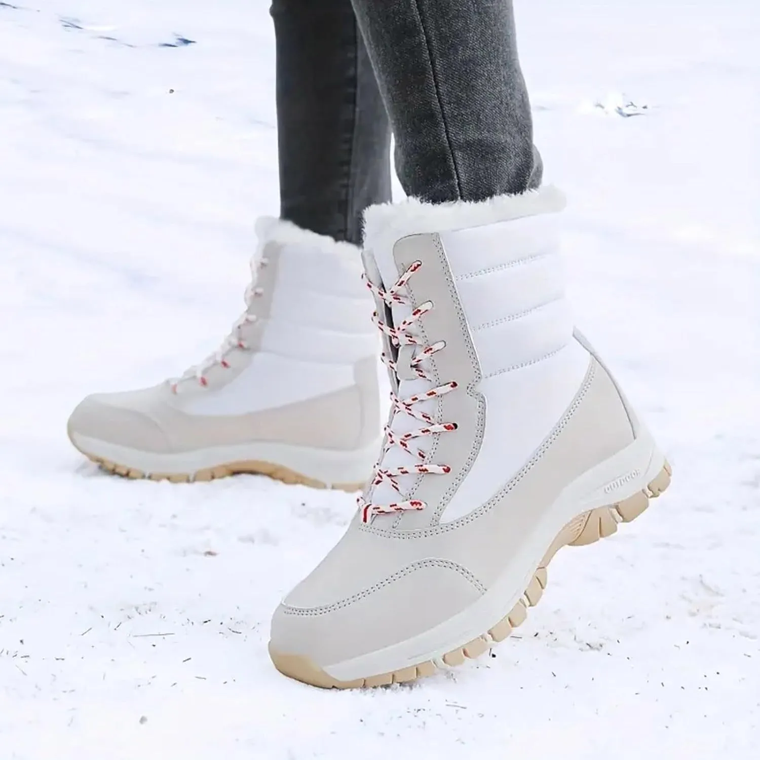 Winter Boots for Women Warm Fuzzy Fleece Walking Hiking Snow Boots Waterproof Shoes Mid Calf Lace Up