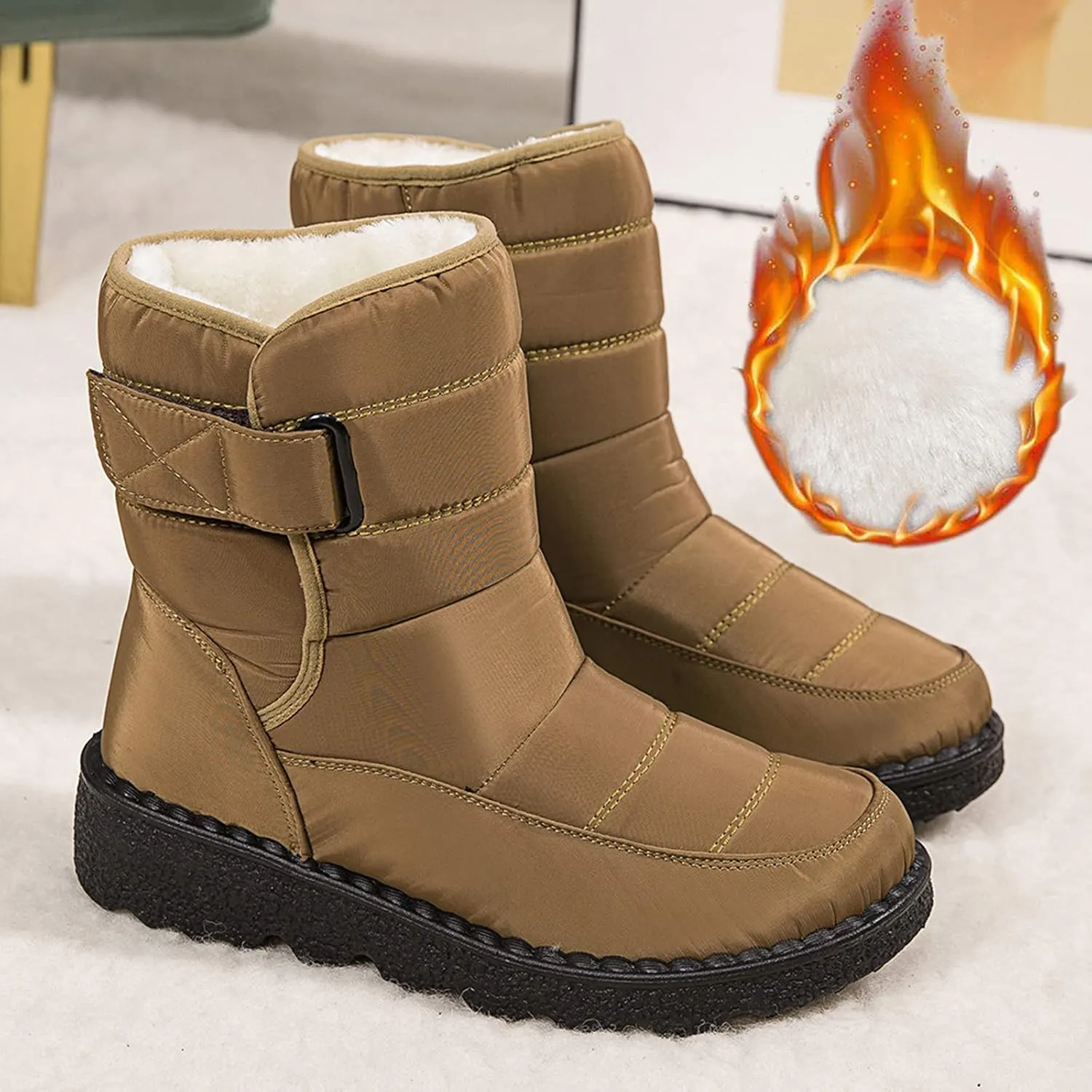 Winter Boots for Women Waterproof Warm Fur Lining Mid Calf Boots Hook Loop Comfortable Outdoor Shoes