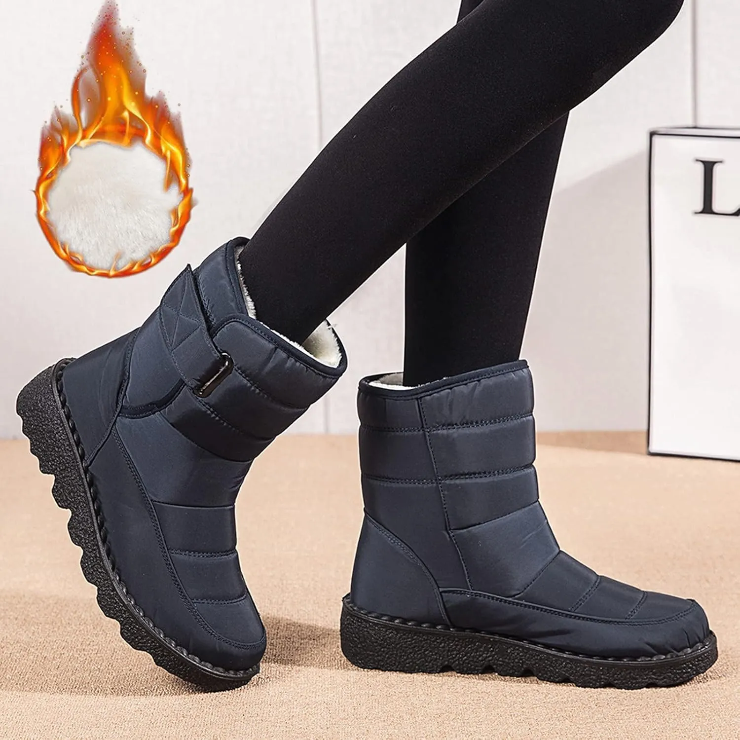 Winter Boots for Women Waterproof Warm Fur Lining Mid Calf Boots Hook Loop Comfortable Outdoor Shoes