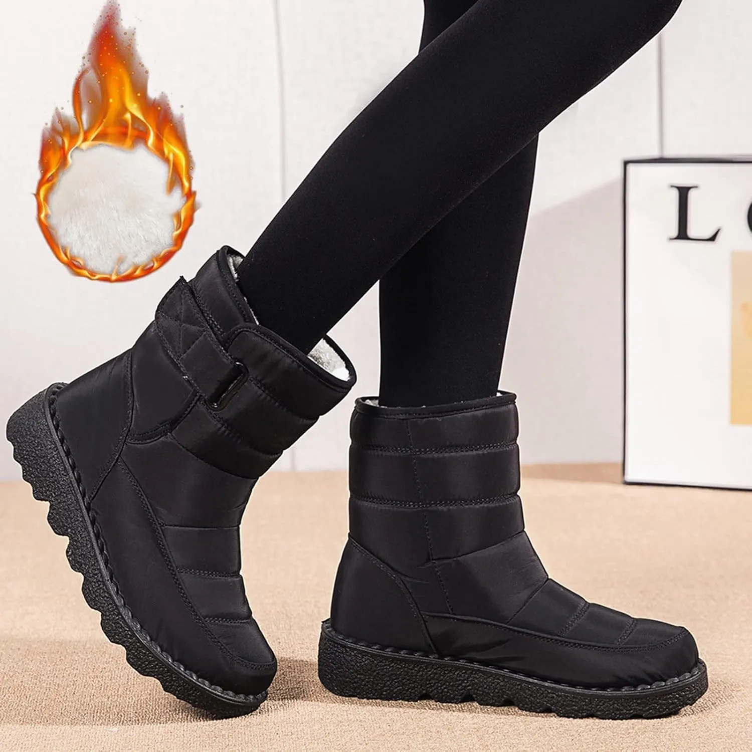 Winter Boots for Women Waterproof Warm Fur Lining Mid Calf Boots Hook Loop Comfortable Outdoor Shoes