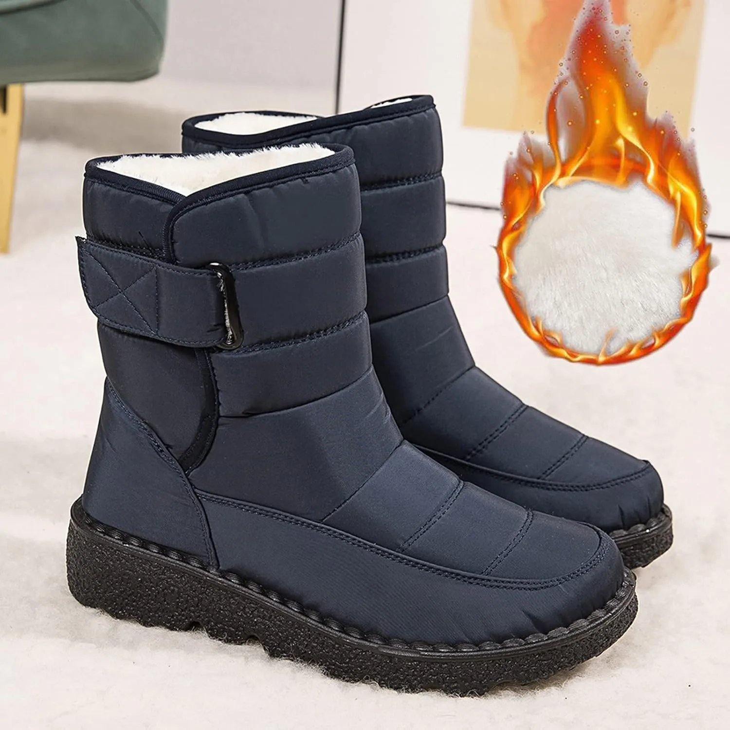 Winter Boots for Women Waterproof Warm Fur Lining Mid Calf Boots Hook Loop Comfortable Outdoor Shoes