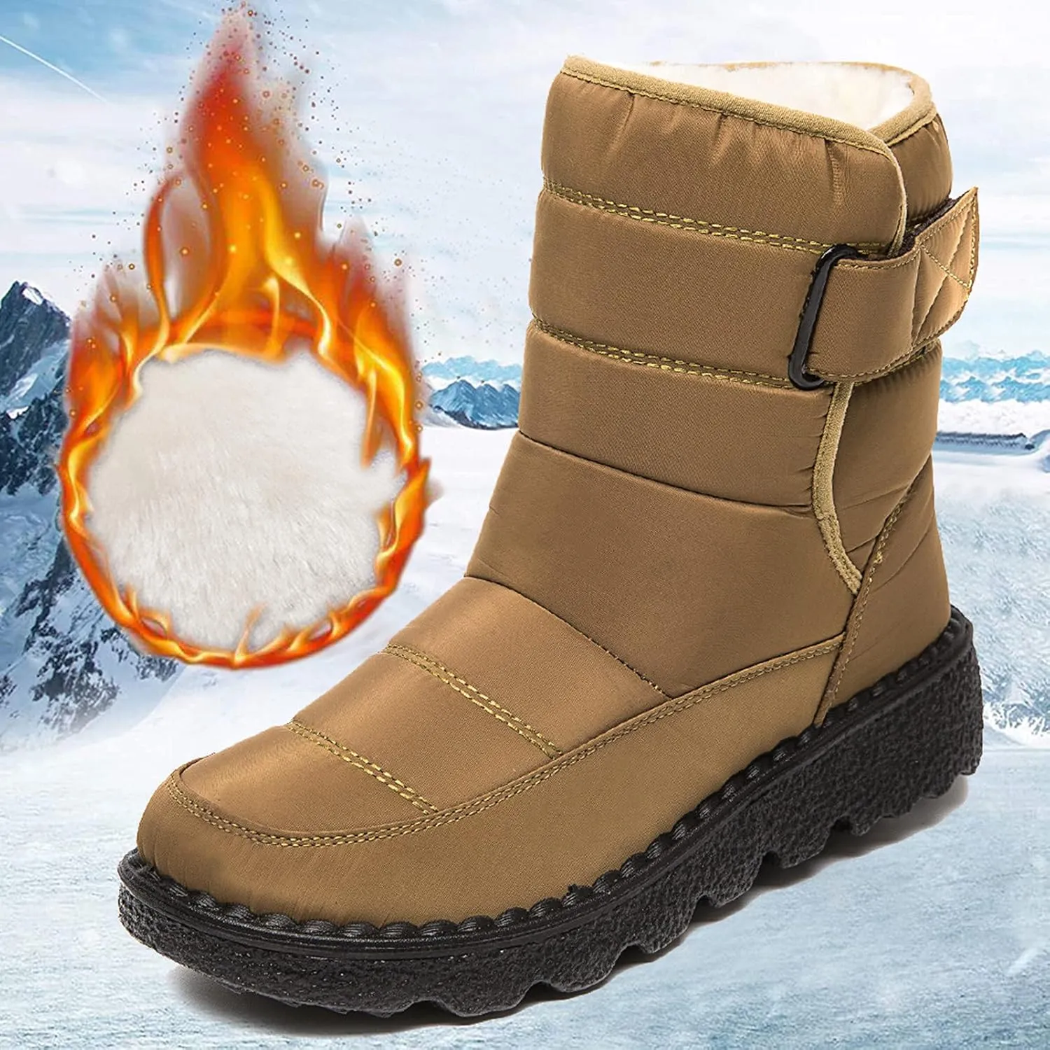 Winter Boots for Women Waterproof Warm Fur Lining Mid Calf Boots Hook Loop Comfortable Outdoor Shoes