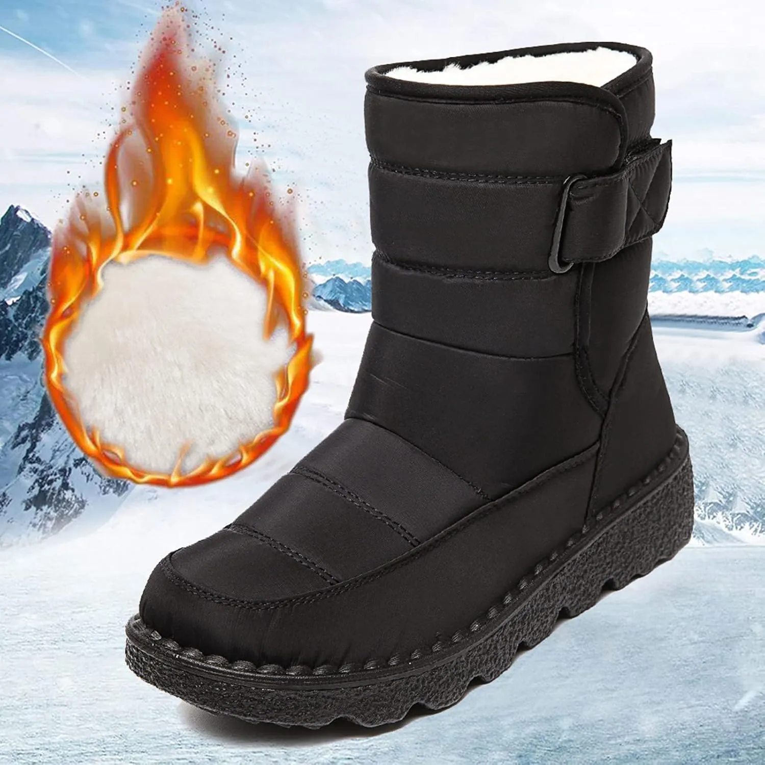 Winter Boots for Women Waterproof Warm Fur Lining Mid Calf Boots Hook Loop Comfortable Outdoor Shoes