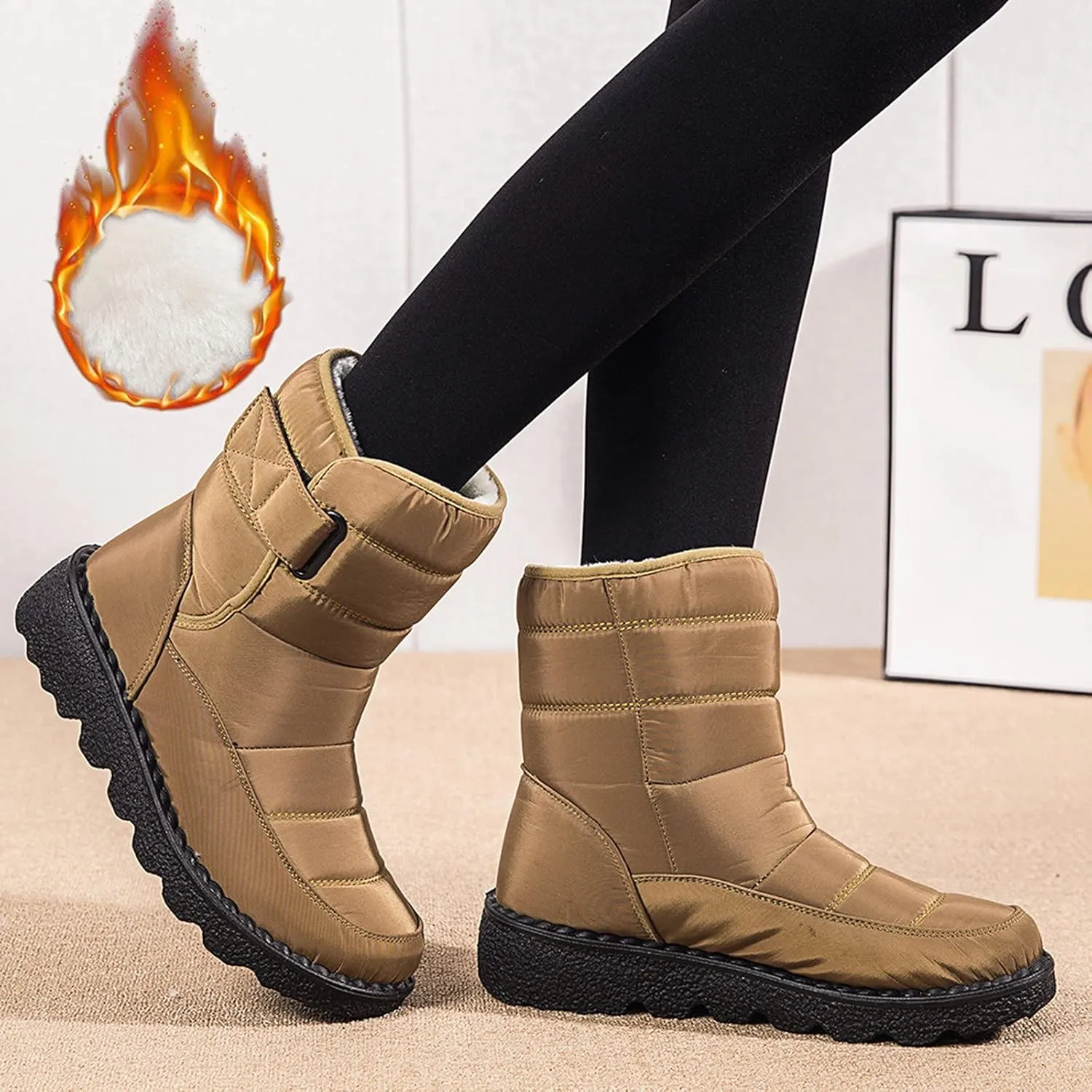 Winter Boots for Women Waterproof Warm Fur Lining Mid Calf Boots Hook Loop Comfortable Outdoor Shoes