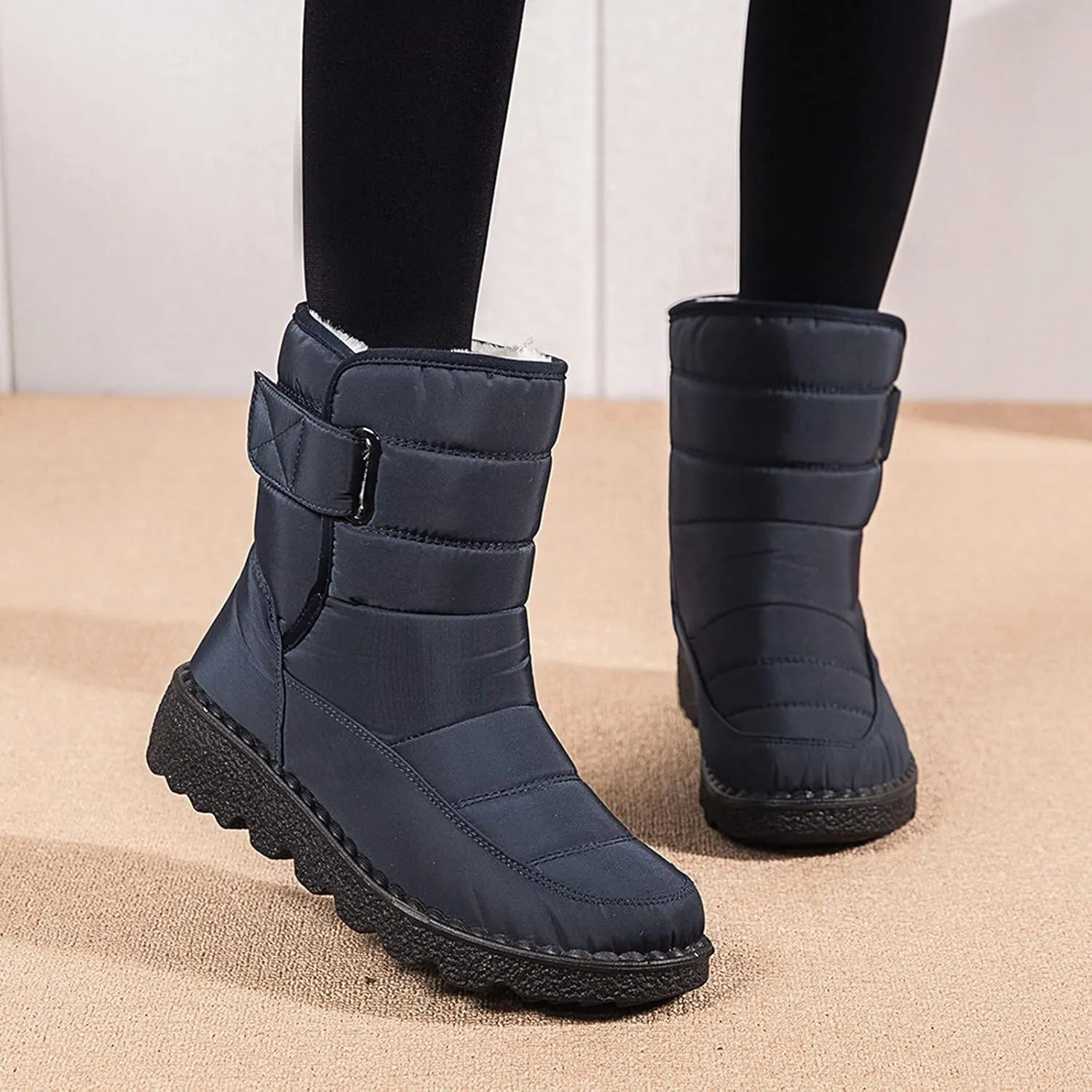 Winter Boots for Women Waterproof Warm Fur Lining Mid Calf Boots Hook Loop Comfortable Outdoor Shoes