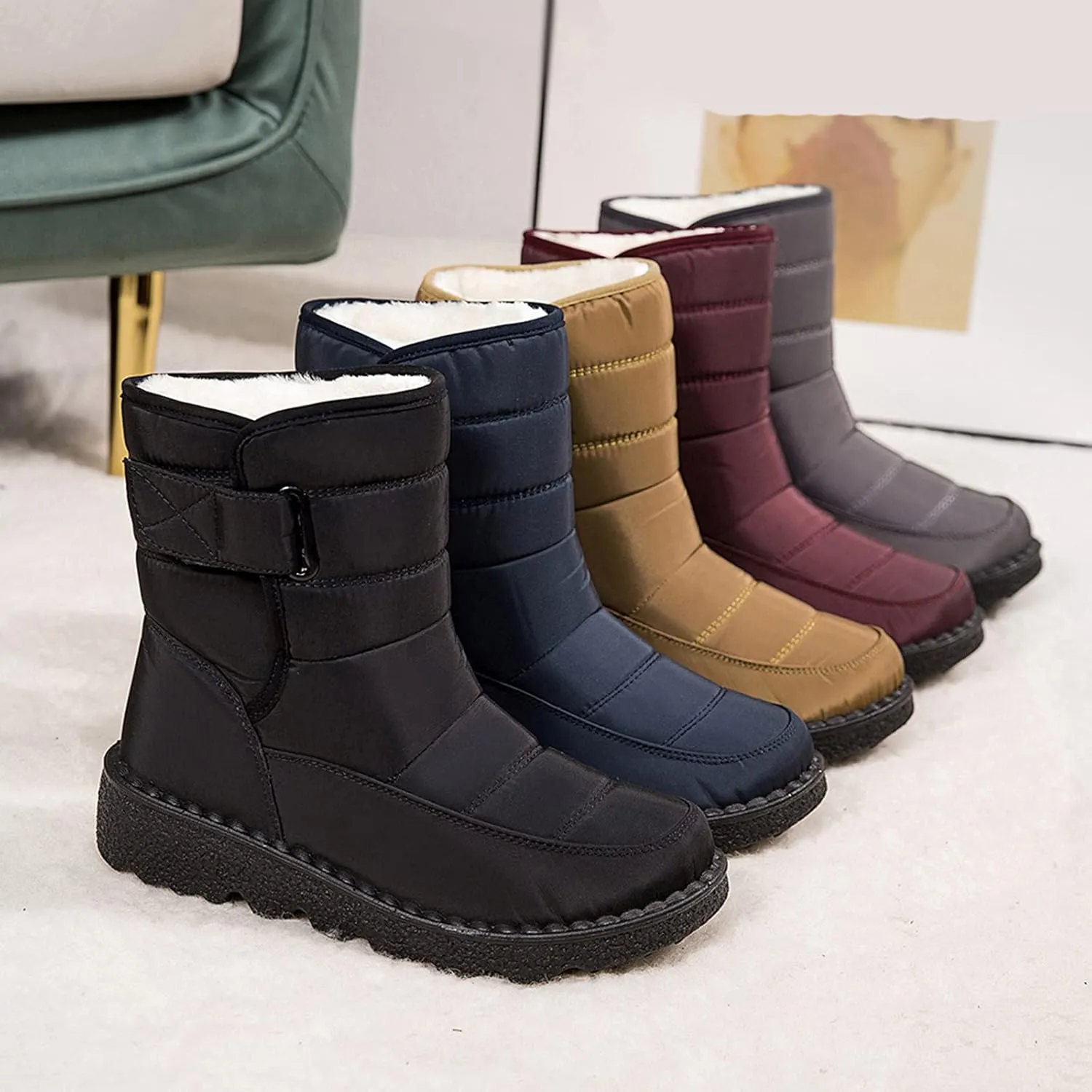 Winter Boots for Women Waterproof Warm Fur Lining Mid Calf Boots Hook Loop Comfortable Outdoor Shoes