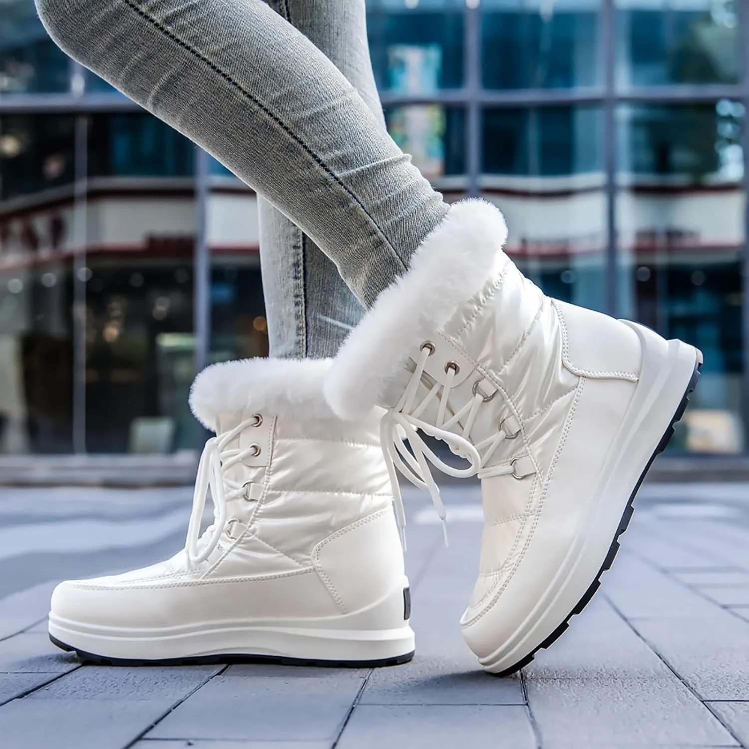 Winter Boots For Women Winter Water Proof Flat Lace Up Keep Warm Snow Boots Comfortable Mid Boots Short Shoes