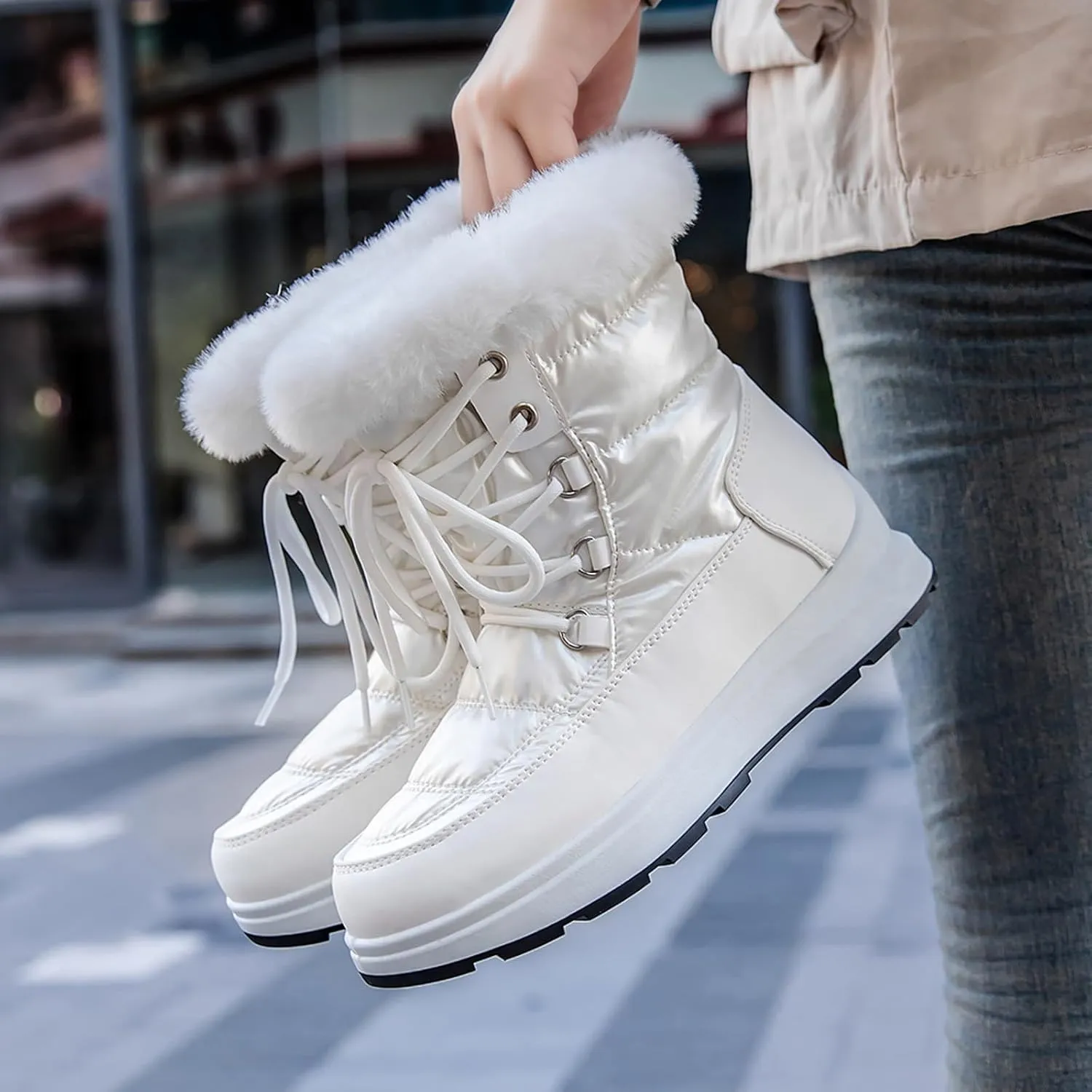 Winter Boots For Women Winter Water Proof Flat Lace Up Keep Warm Snow Boots Comfortable Mid Boots Short Shoes