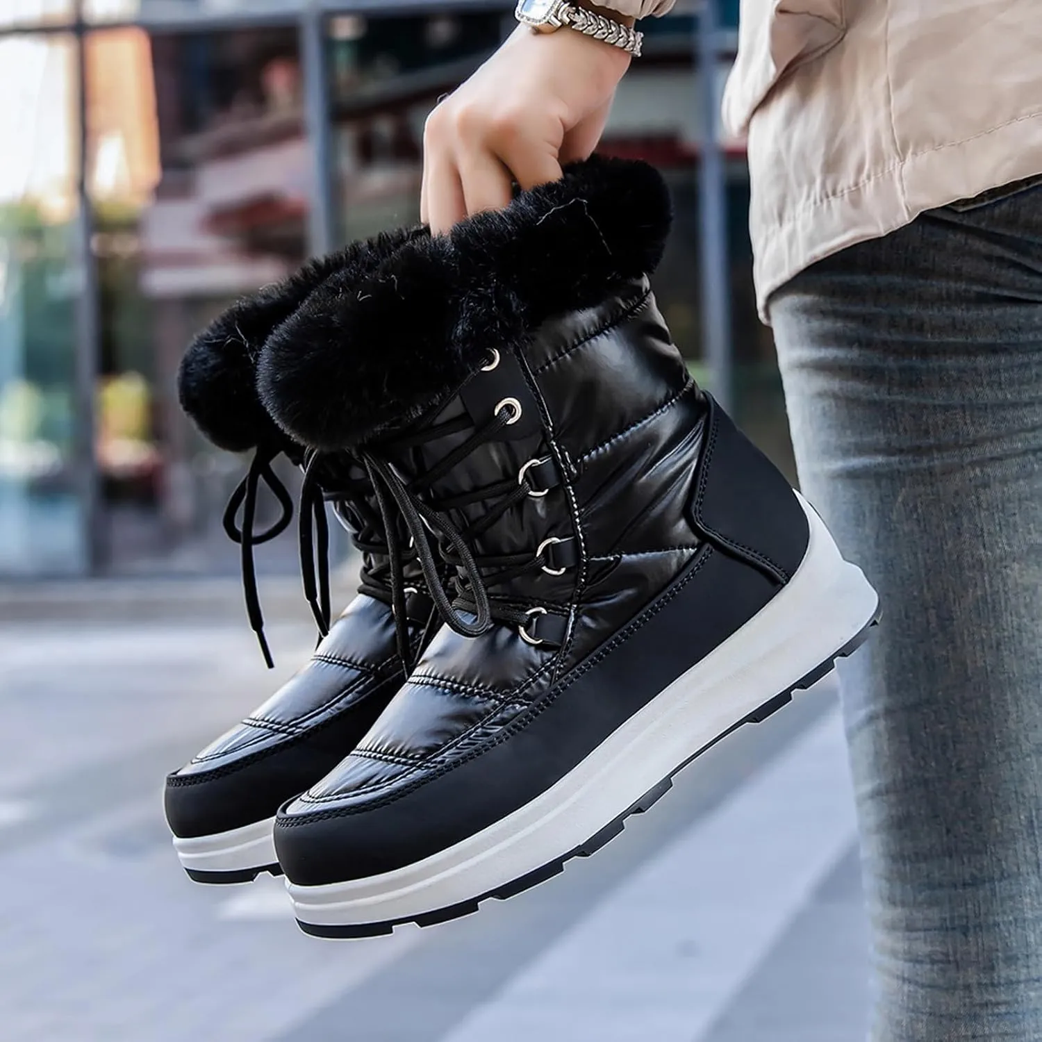 Winter Boots For Women Winter Water Proof Flat Lace Up Keep Warm Snow Boots Comfortable Mid Boots Short Shoes
