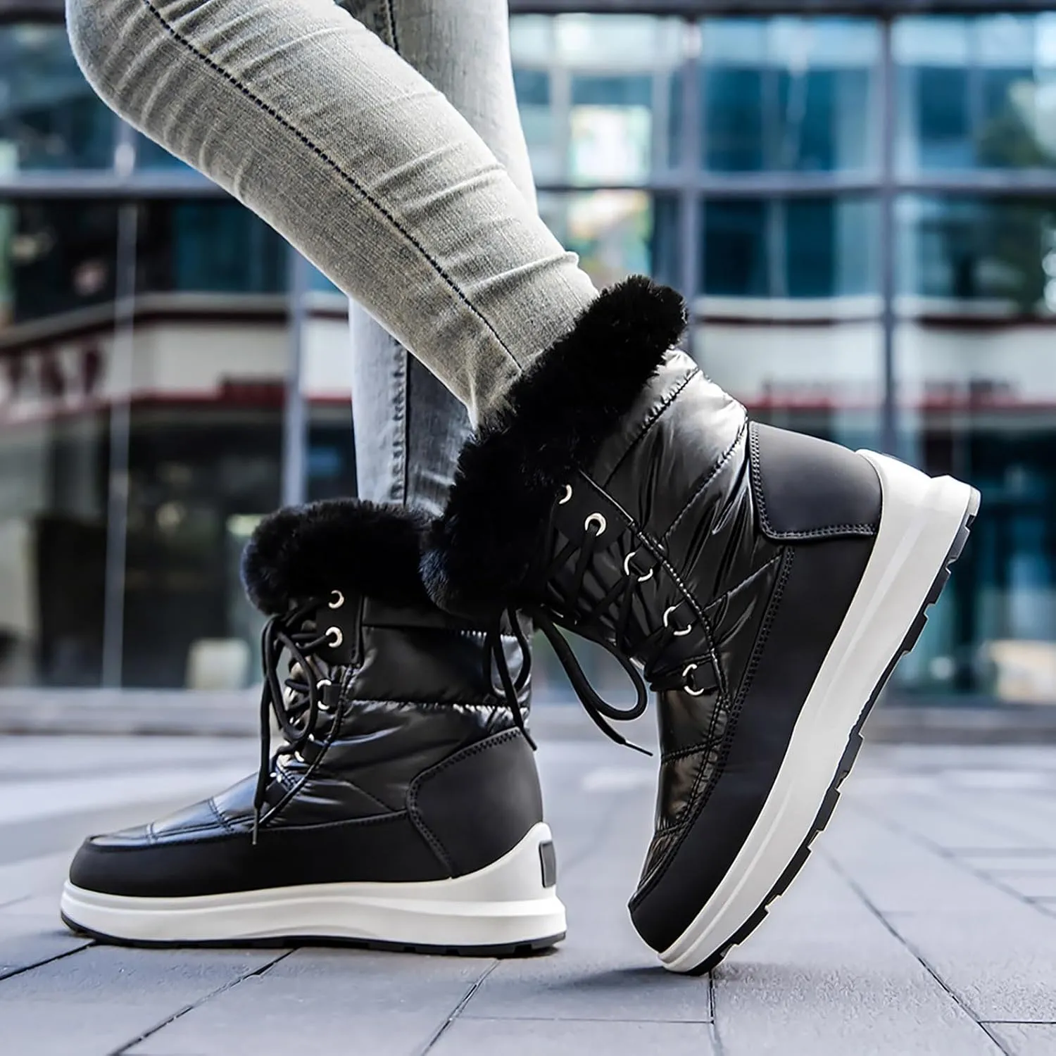 Winter Boots For Women Winter Water Proof Flat Lace Up Keep Warm Snow Boots Comfortable Mid Boots Short Shoes