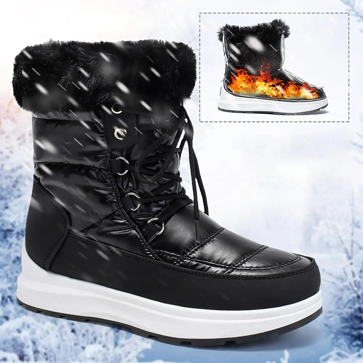 Winter Boots For Women Winter Water Proof Flat Lace Up Keep Warm Snow Boots Comfortable Mid Boots Short Shoes