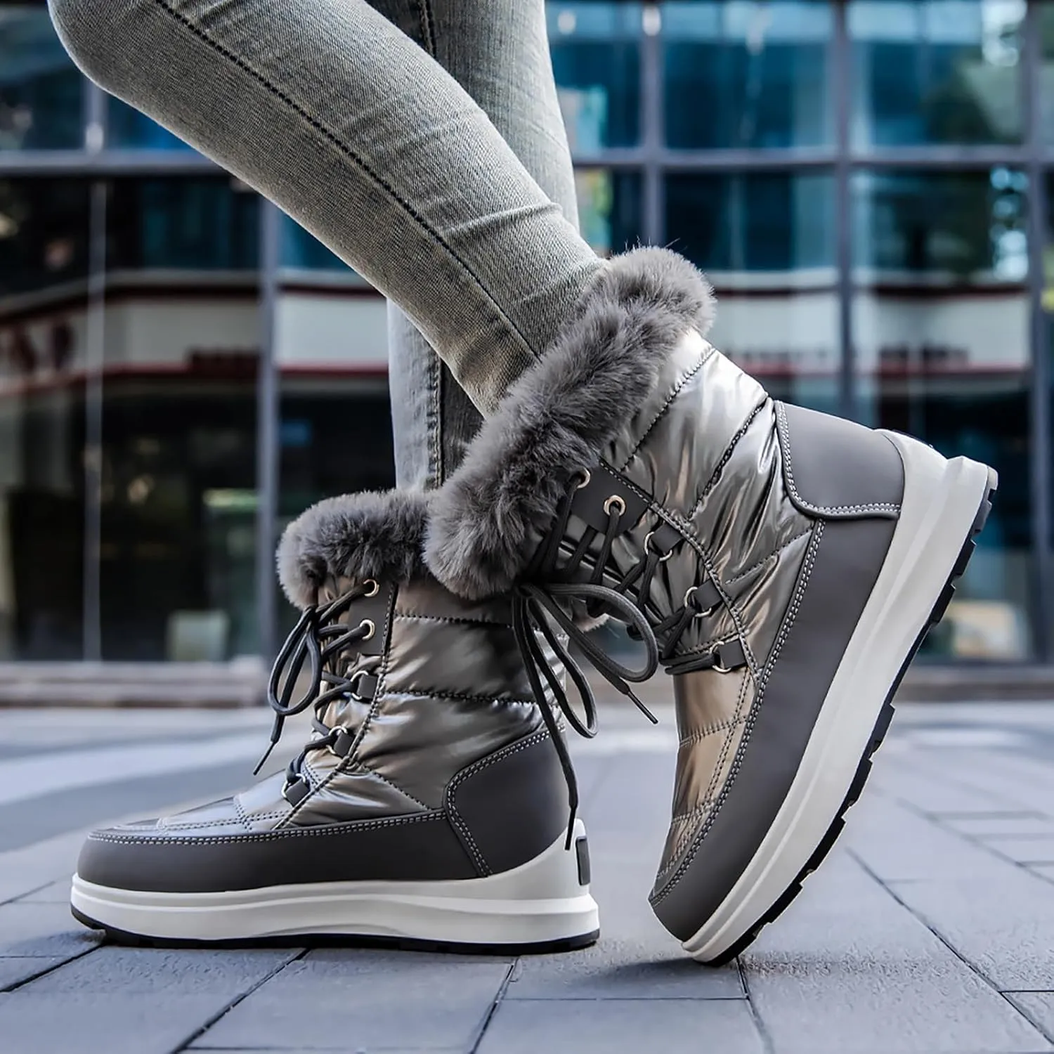Winter Boots For Women Winter Water Proof Flat Lace Up Keep Warm Snow Boots Comfortable Mid Boots Short Shoes