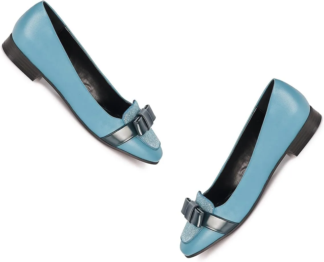 Women Chunky Low Heel Loafers Bow Slip On Closed Round Toe Loafer Shoes Matte Sequin Comfy 1 Inch Block Heels Dress Shoes Pumps Patchwork Glitter Office Work Pumps Cute Chic 4-11 M US
