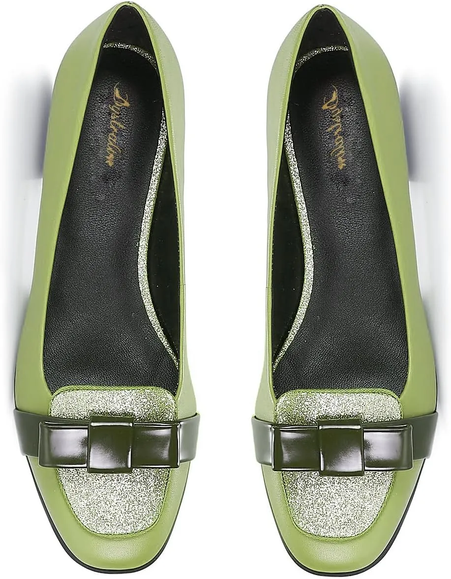 Women Chunky Low Heel Loafers Bow Slip On Closed Round Toe Loafer Shoes Matte Sequin Comfy 1 Inch Block Heels Dress Shoes Pumps Patchwork Glitter Office Work Pumps Cute Chic 4-11 M US