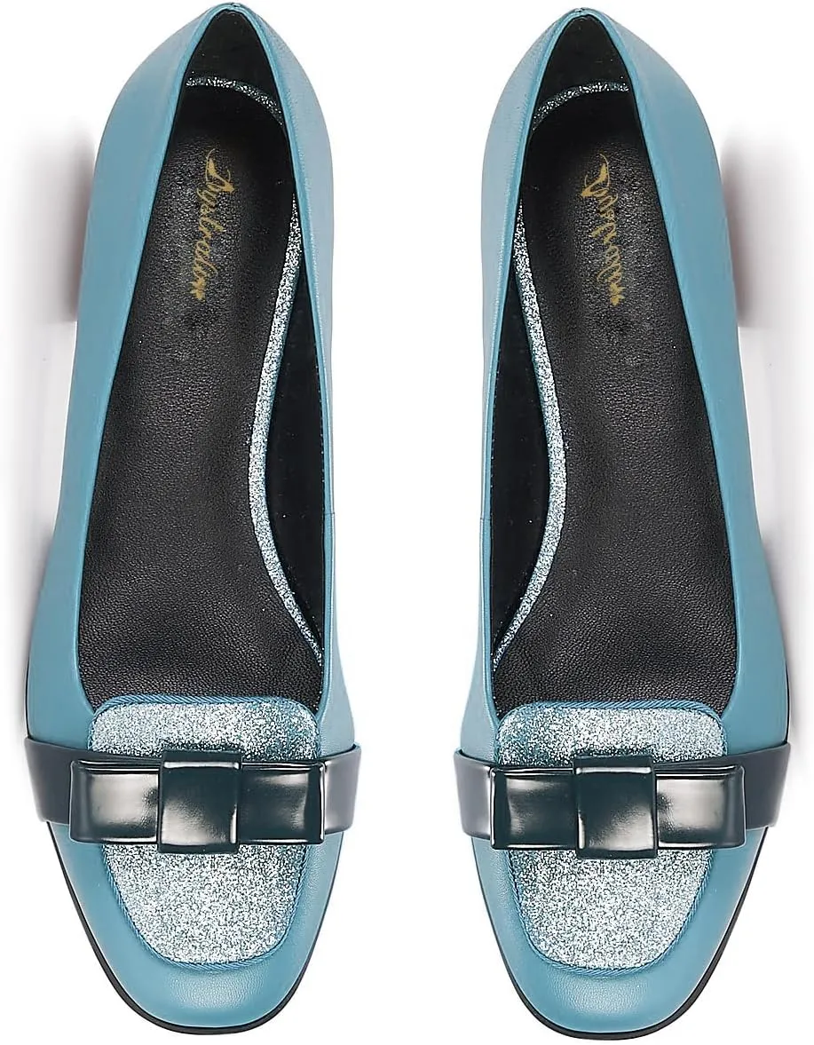 Women Chunky Low Heel Loafers Bow Slip On Closed Round Toe Loafer Shoes Matte Sequin Comfy 1 Inch Block Heels Dress Shoes Pumps Patchwork Glitter Office Work Pumps Cute Chic 4-11 M US