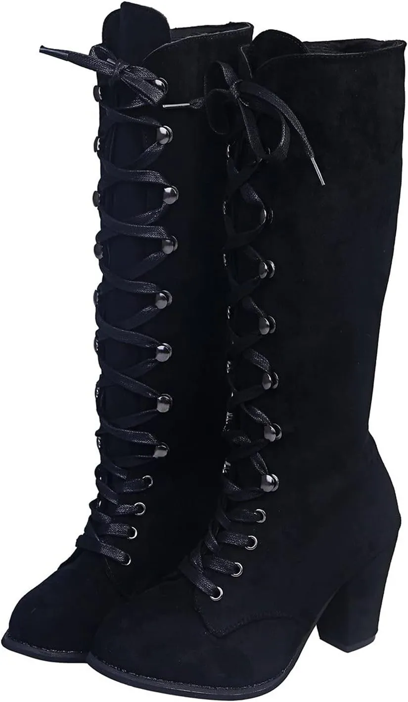 Women Knee High Chunky Heel Boots Casual Knee High Boots for Women Chunky Heel Lace up Pointed Toe Western Women Boot