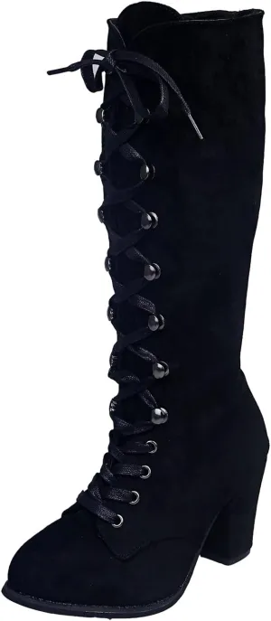 Women Knee High Chunky Heel Boots Casual Knee High Boots for Women Chunky Heel Lace up Pointed Toe Western Women Boot