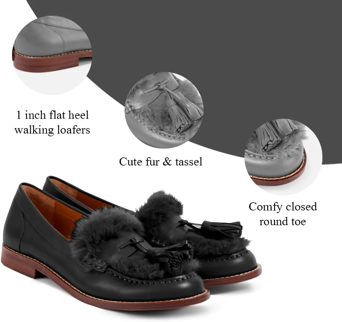 Women Low Chunky Heel Loafer Shoes Tassel Fluffy Round Toe Slip On Dress Loafers Fringe 1 Inch Block Low Heel Dress Shoes Fur Penny Loafers Comfort Office Shoes Classic 4-11 M US