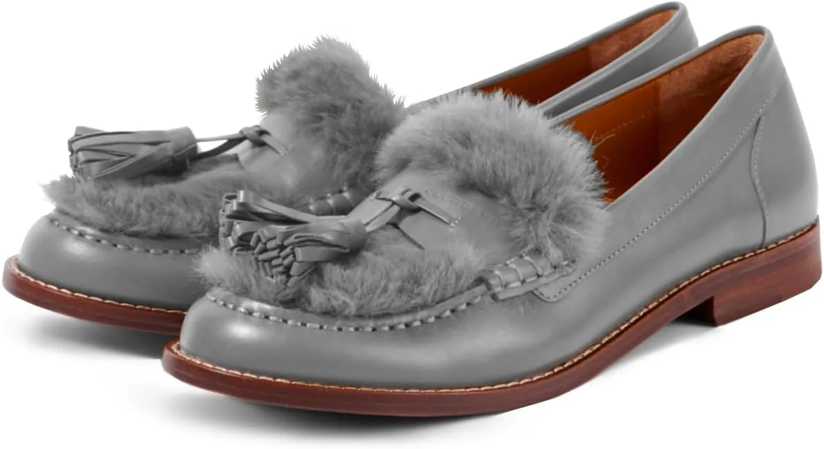 Women Low Chunky Heel Loafer Shoes Tassel Fluffy Round Toe Slip On Dress Loafers Fringe 1 Inch Block Low Heel Dress Shoes Fur Penny Loafers Comfort Office Shoes Classic 4-11 M US