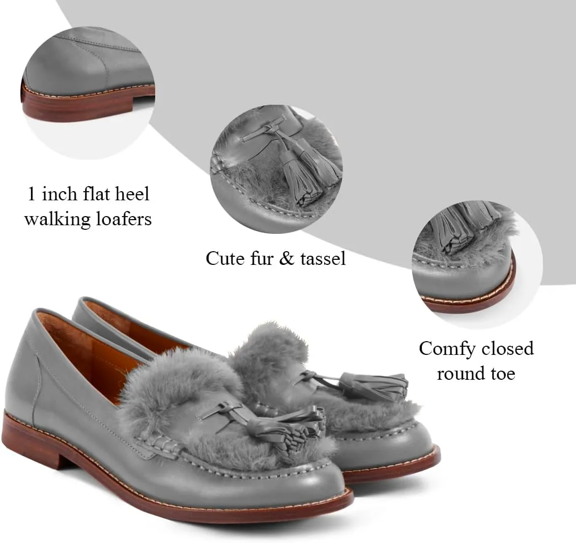 Women Low Chunky Heel Loafer Shoes Tassel Fluffy Round Toe Slip On Dress Loafers Fringe 1 Inch Block Low Heel Dress Shoes Fur Penny Loafers Comfort Office Shoes Classic 4-11 M US