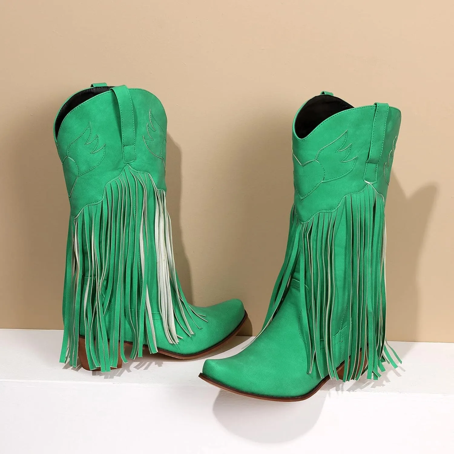 Women Mid Calf Boots Fashion Western Boots Women Fashion Western Chunky Heel Pointed Toe Tassel Fashion Women Boots