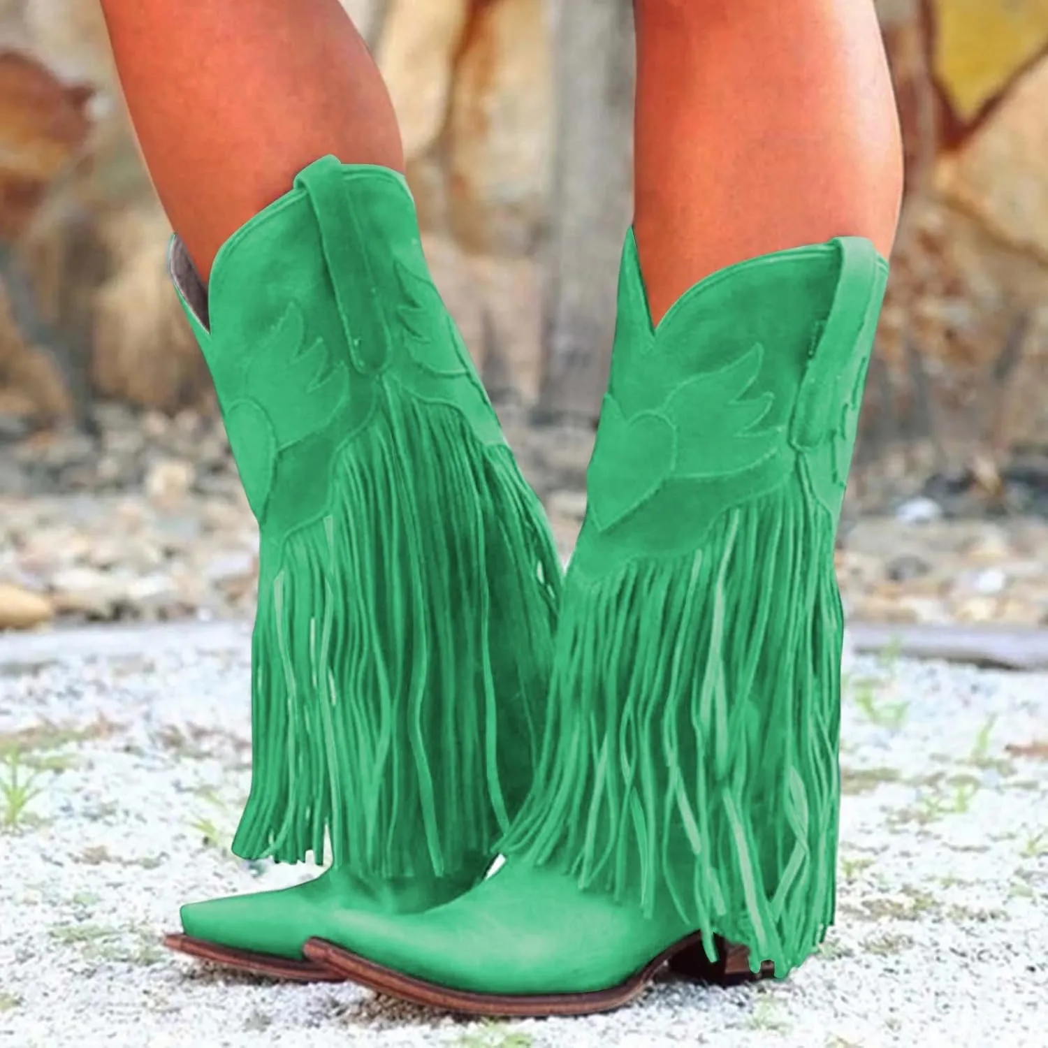 Women Mid Calf Boots Fashion Western Boots Women Fashion Western Chunky Heel Pointed Toe Tassel Fashion Women Boots