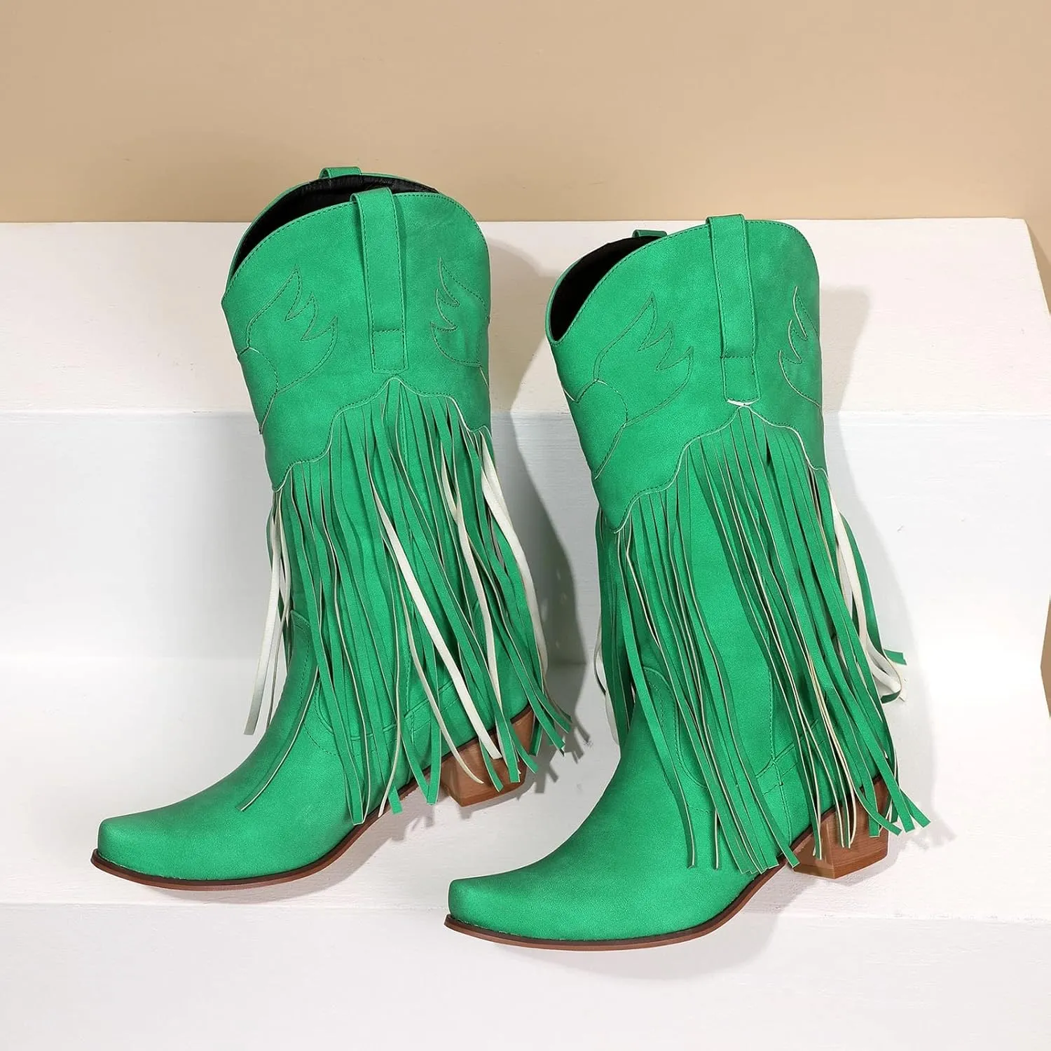 Women Mid Calf Boots Fashion Western Boots Women Fashion Western Chunky Heel Pointed Toe Tassel Fashion Women Boots