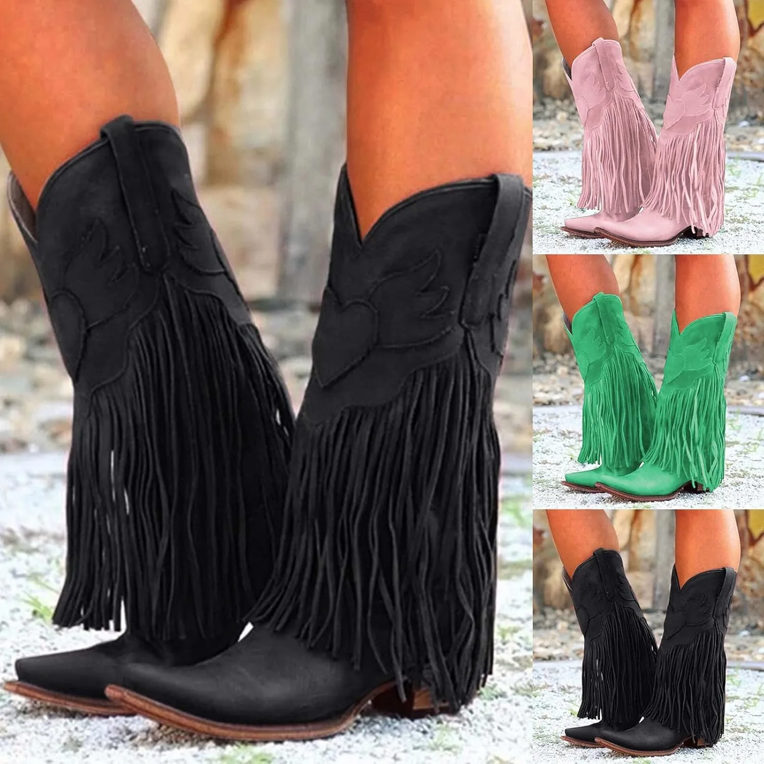 Women Mid Calf Boots Fashion Western Boots Women Fashion Western Chunky Heel Pointed Toe Tassel Fashion Women Boots