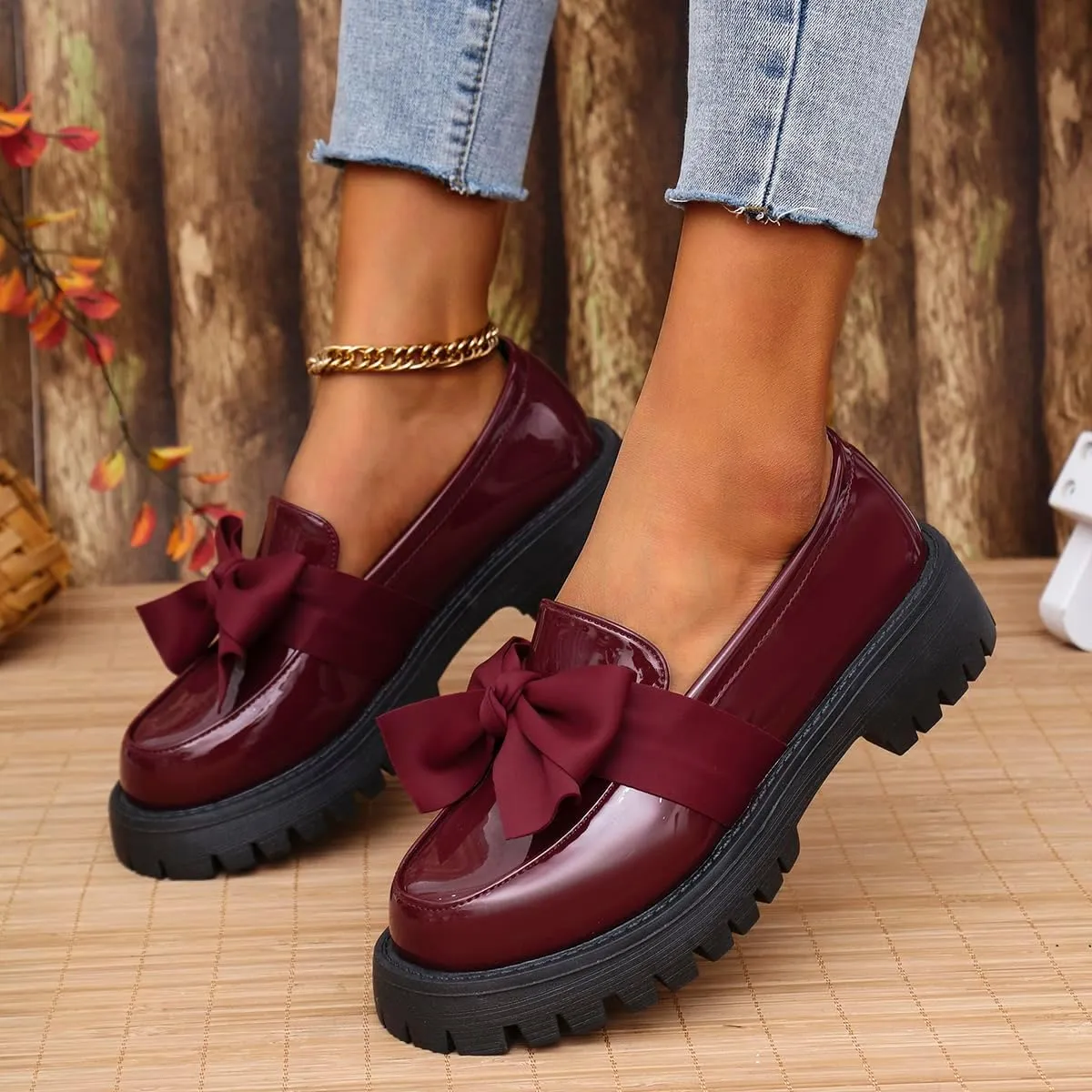Women's Bow Platform Loafers - Spring Slip-On Chunky Heel Shoes for Business Casual, Office Work & Everyday Wear
