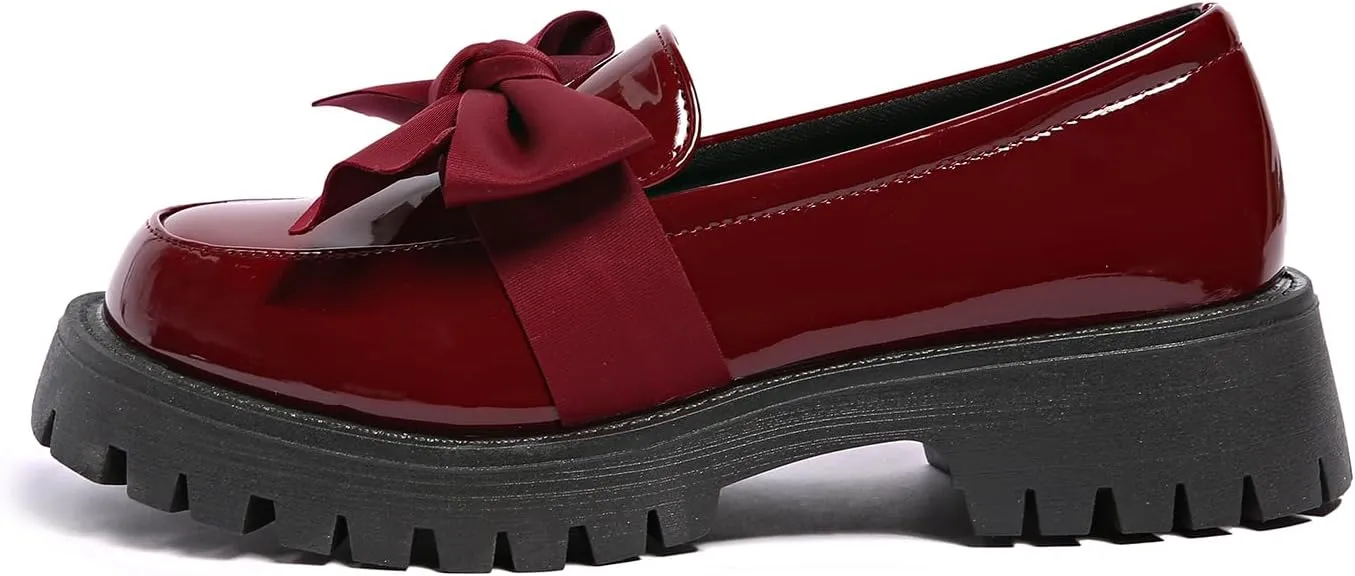 Women's Bow Platform Loafers - Spring Slip-On Chunky Heel Shoes for Business Casual, Office Work & Everyday Wear