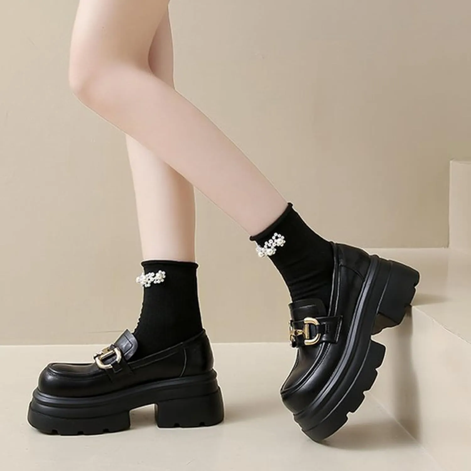 Women's Fashion Loafers with Platform, Increased Height, Slip-on Design, and Stylish Chunky Soles for Spring and Autumn