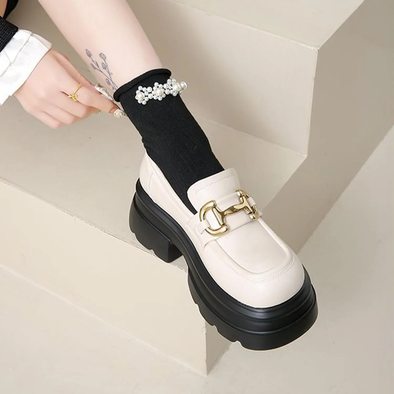 Women's Fashion Loafers with Platform, Increased Height, Slip-on Design, and Stylish Chunky Soles for Spring and Autumn