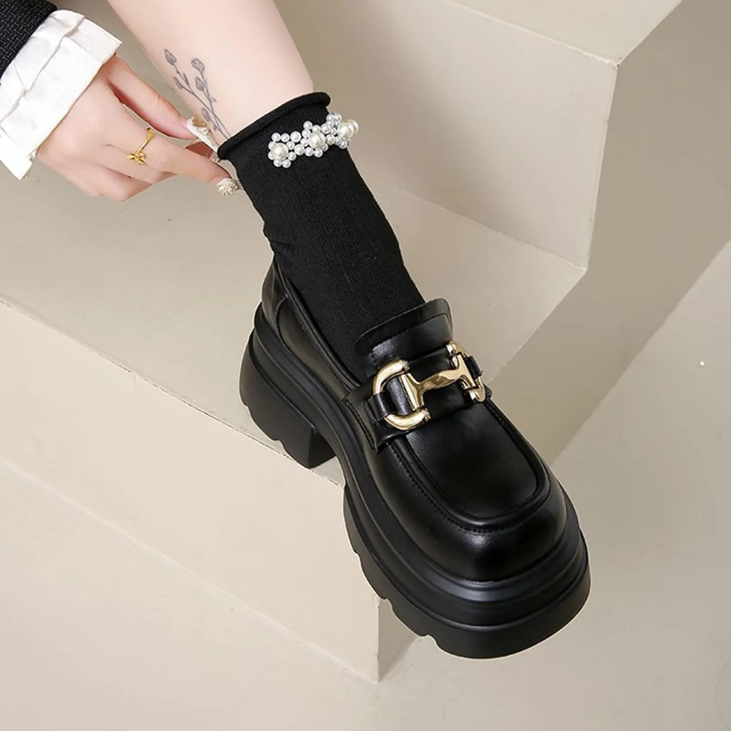 Women's Fashion Loafers with Platform, Increased Height, Slip-on Design, and Stylish Chunky Soles for Spring and Autumn