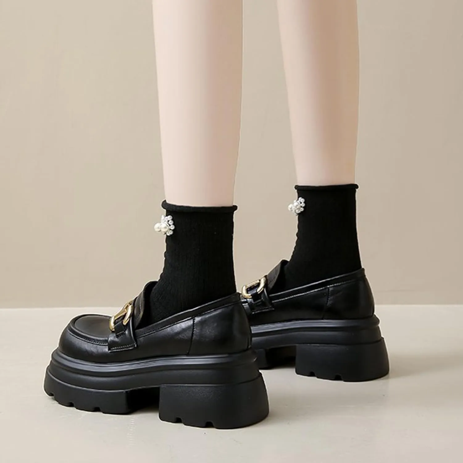 Women's Fashion Loafers with Platform, Increased Height, Slip-on Design, and Stylish Chunky Soles for Spring and Autumn