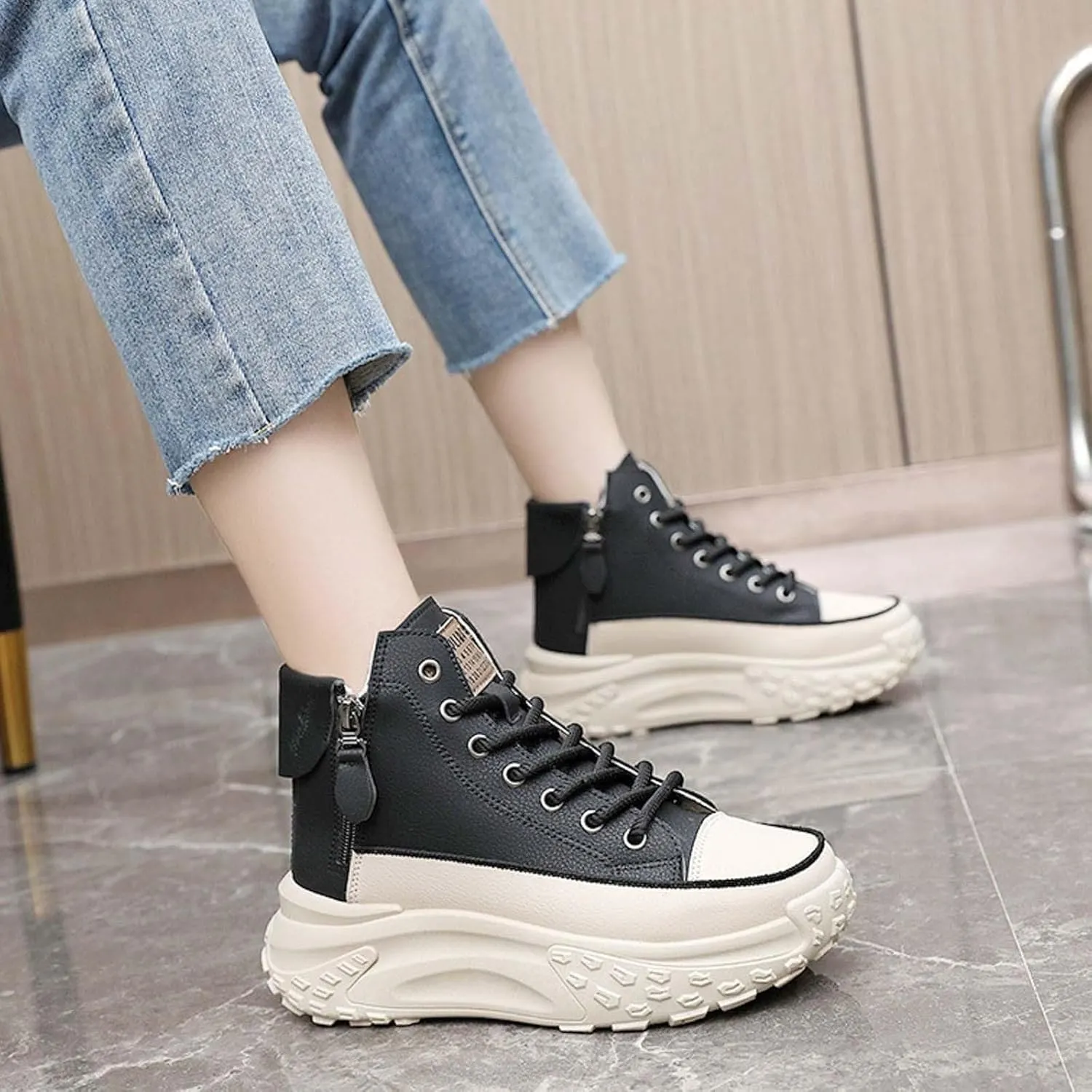 Women's Fashion Sneakers Winter Canvas Platform Sneakers Casual Tennis Shoes Walking Running Shoes Lace Up High Top Sneakers